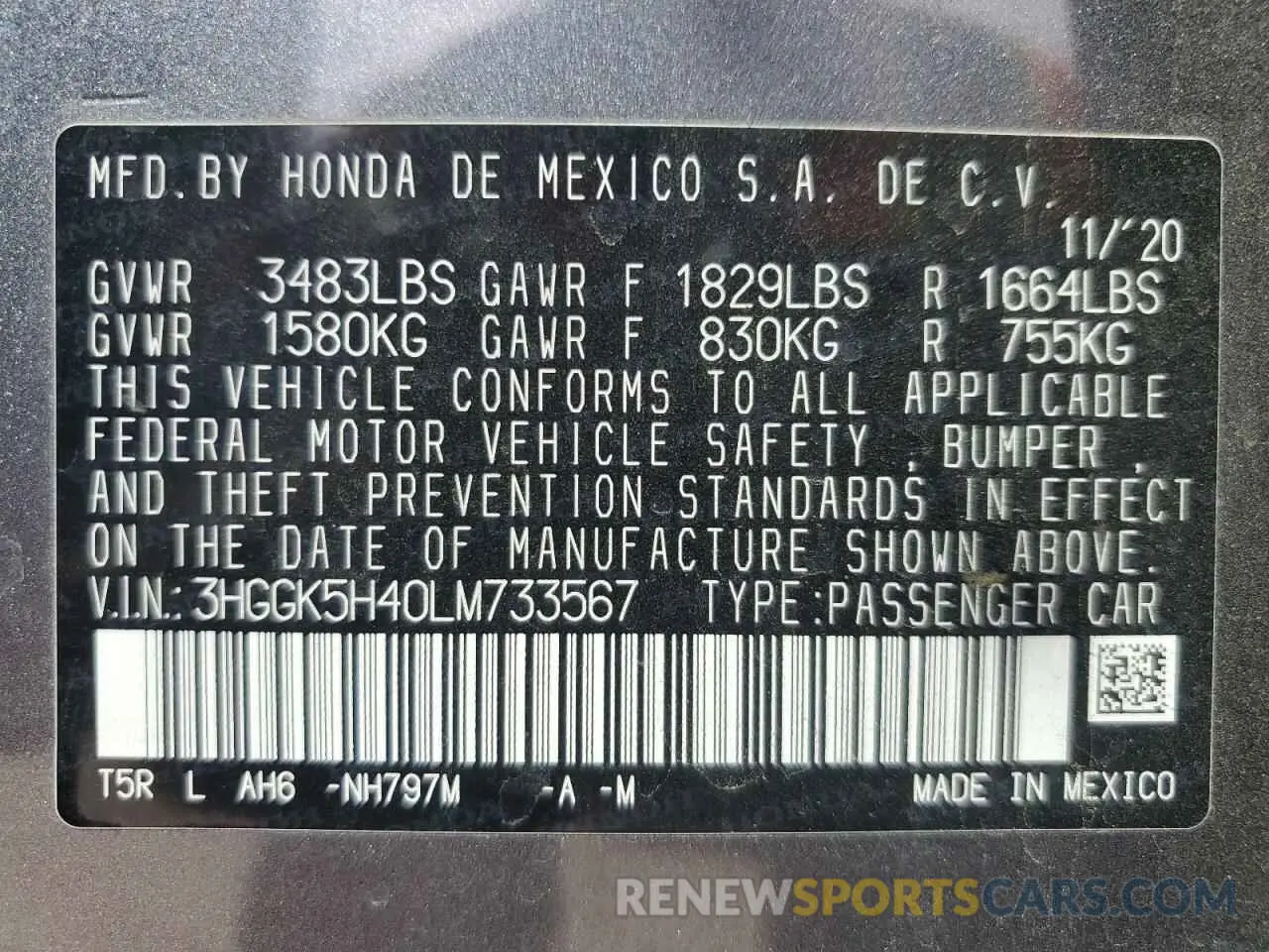 12 Photograph of a damaged car 3HGGK5H40LM733567 HONDA CB CYCLE 2020