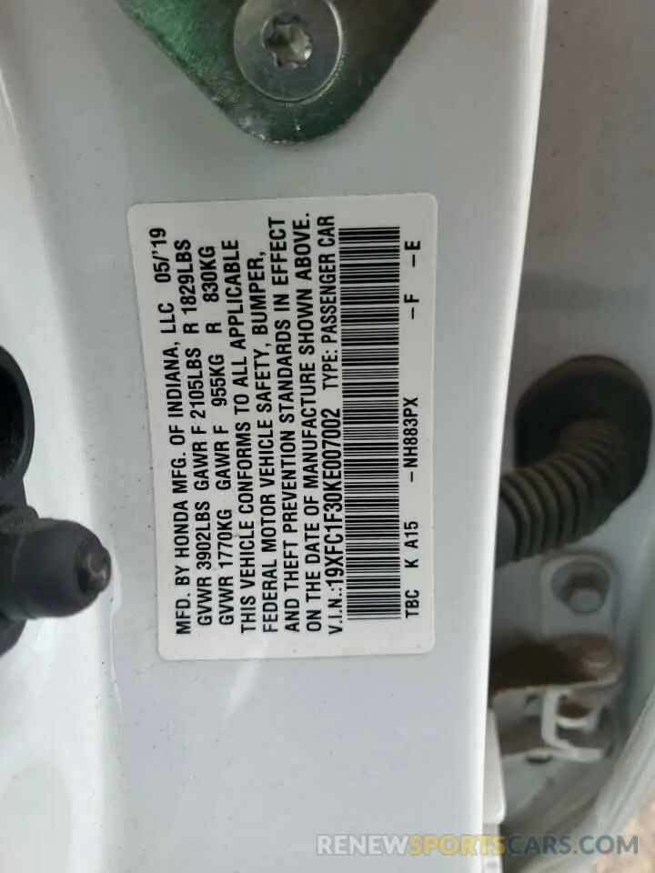 12 Photograph of a damaged car 19XFC1F30KE007002 HONDA CIVIC 2019