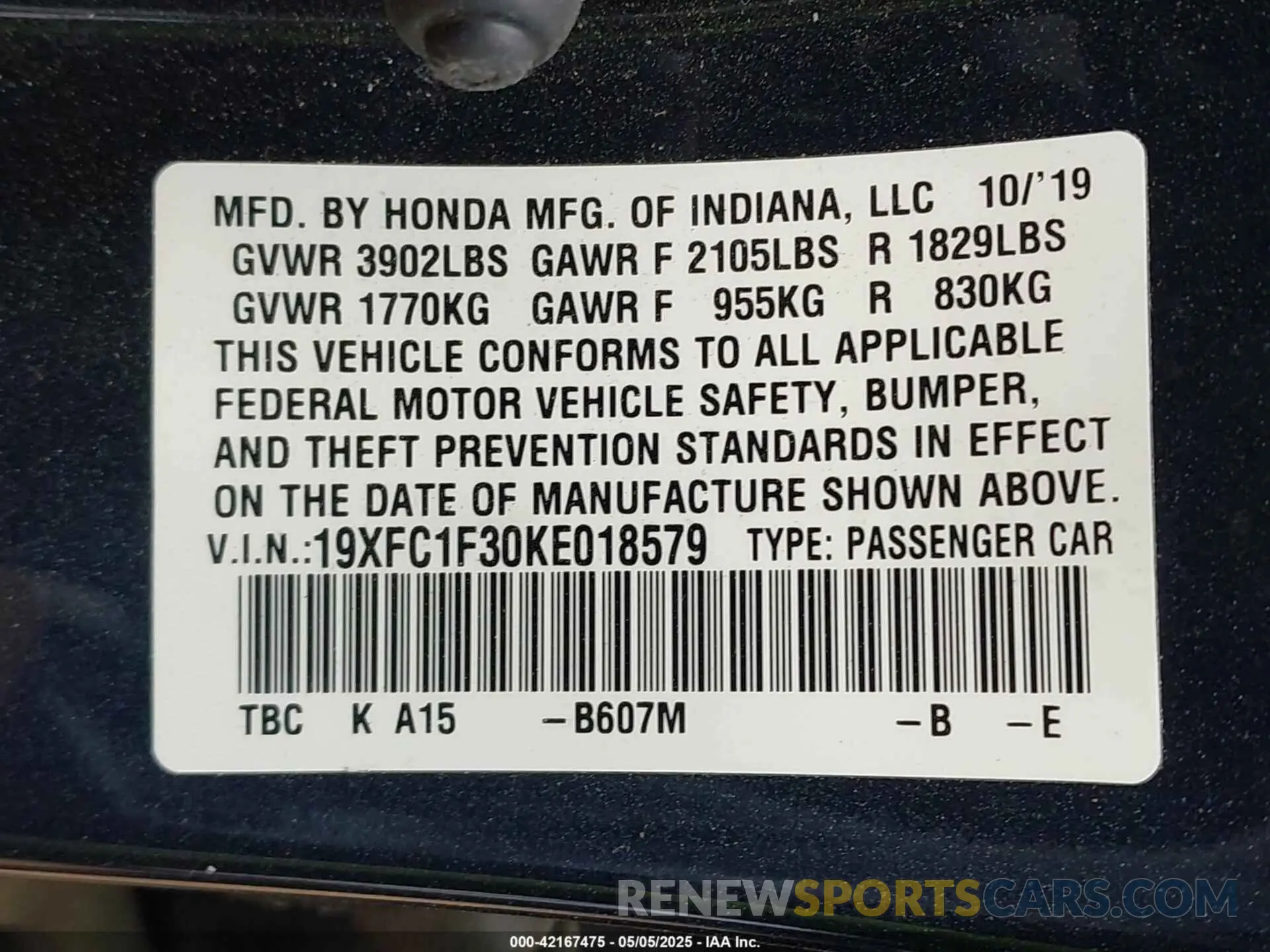 9 Photograph of a damaged car 19XFC1F30KE018579 HONDA CIVIC 2019