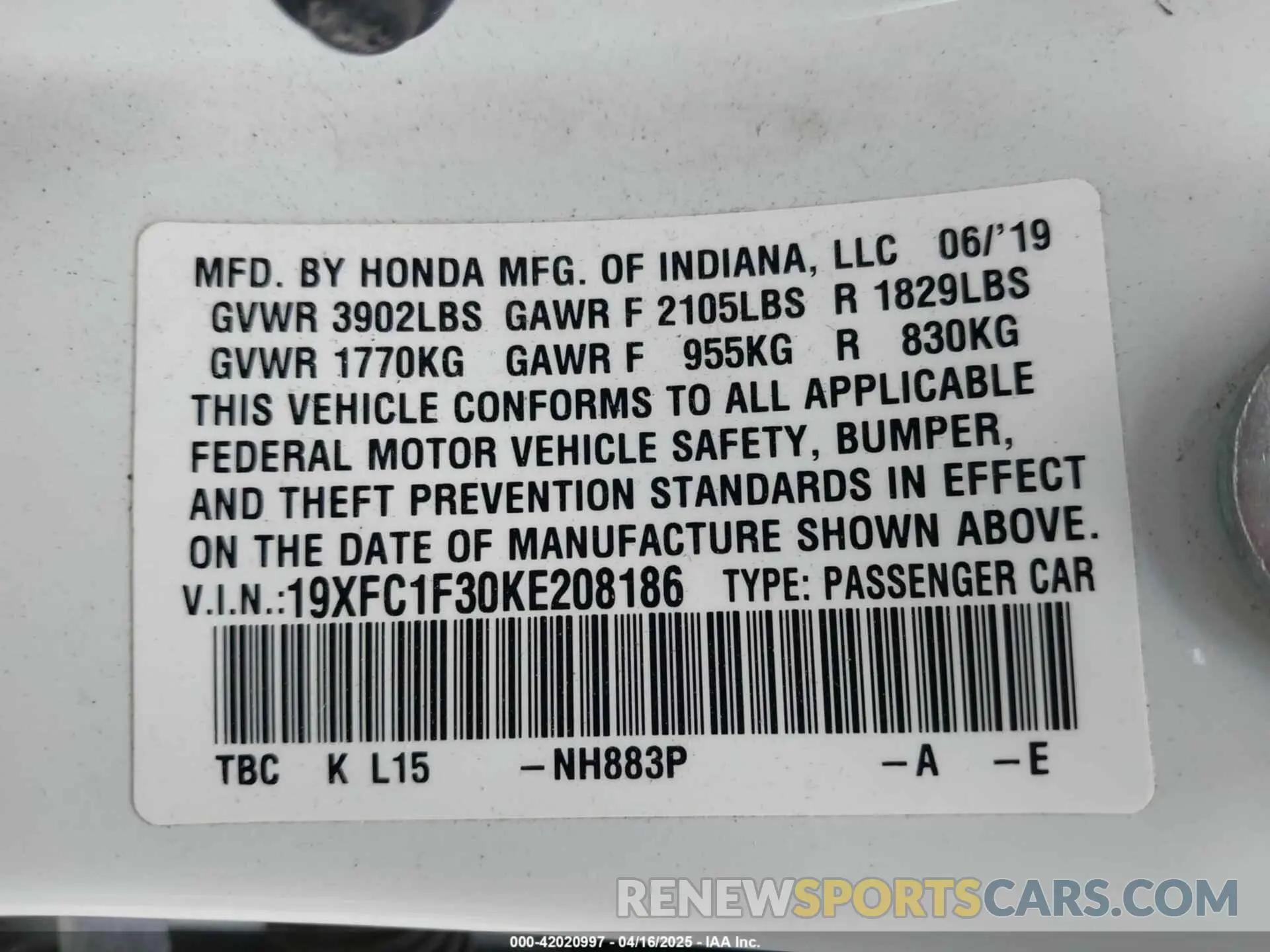 9 Photograph of a damaged car 19XFC1F30KE208186 HONDA CIVIC 2019