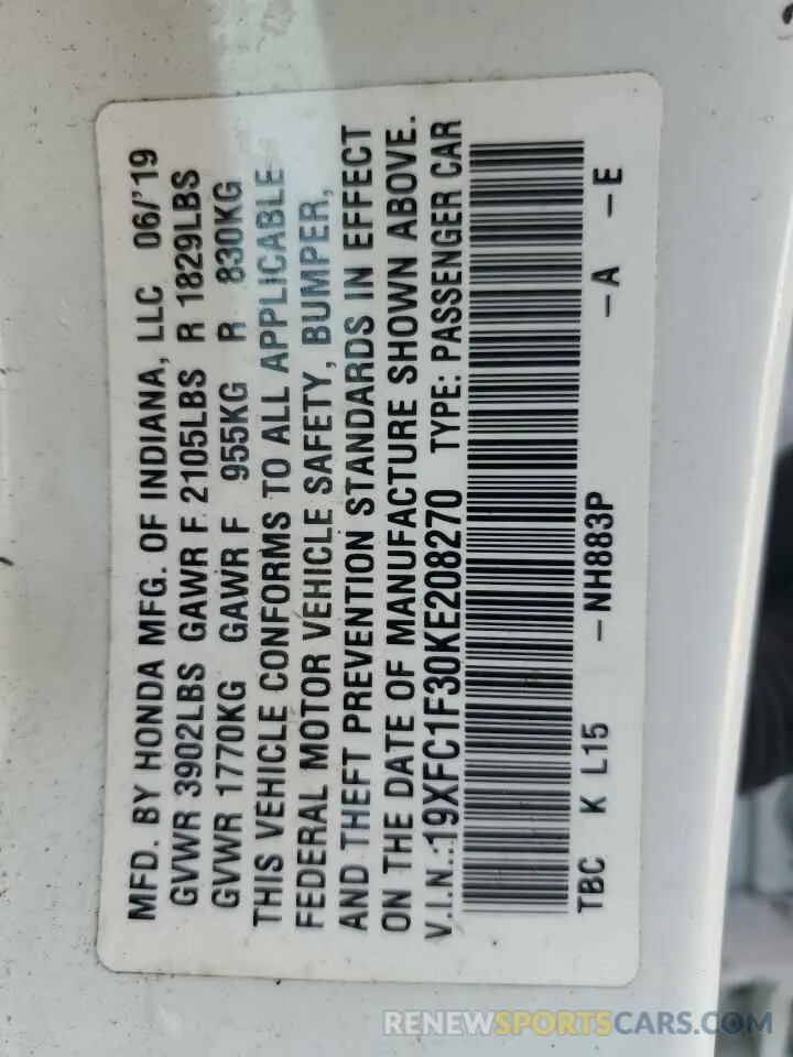 12 Photograph of a damaged car 19XFC1F30KE208270 HONDA CIVIC 2019