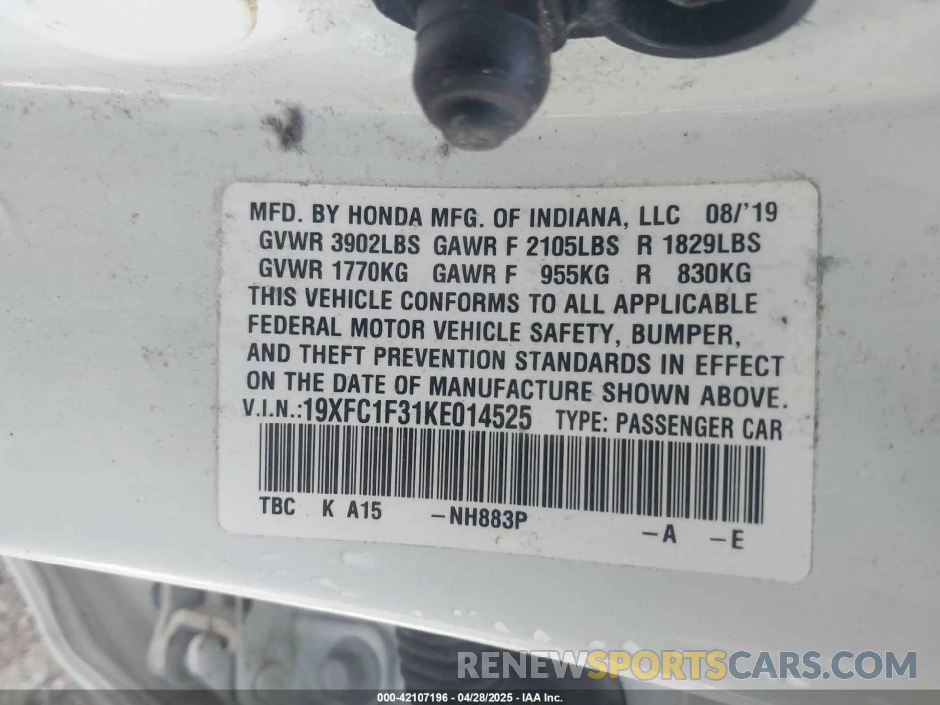 9 Photograph of a damaged car 19XFC1F31KE014525 HONDA CIVIC 2019