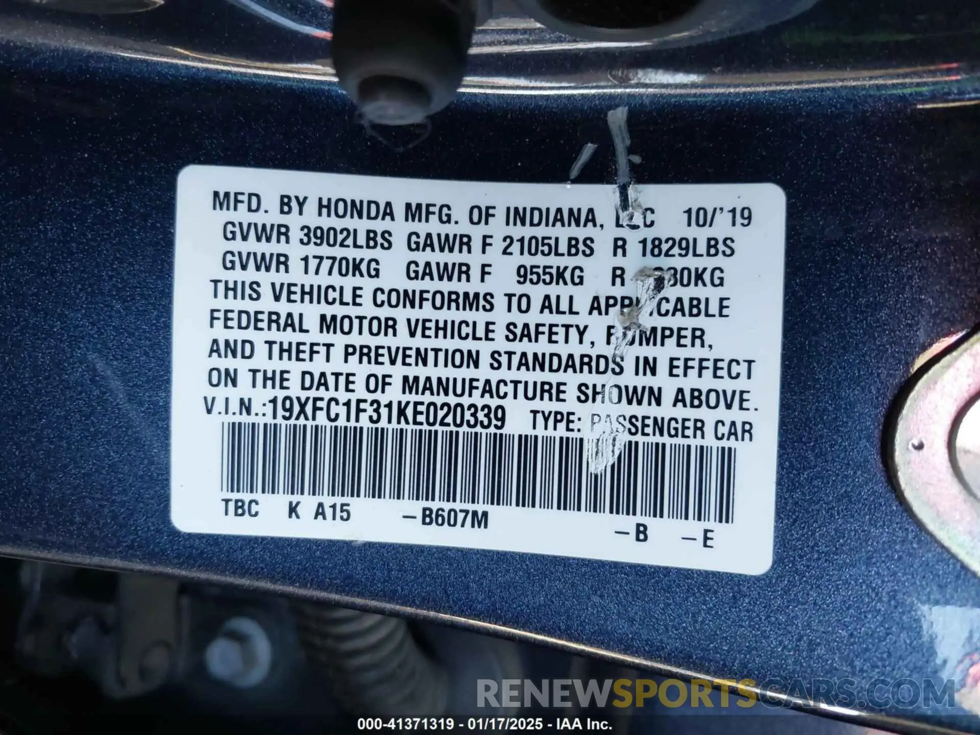 9 Photograph of a damaged car 19XFC1F31KE020339 HONDA CIVIC 2019
