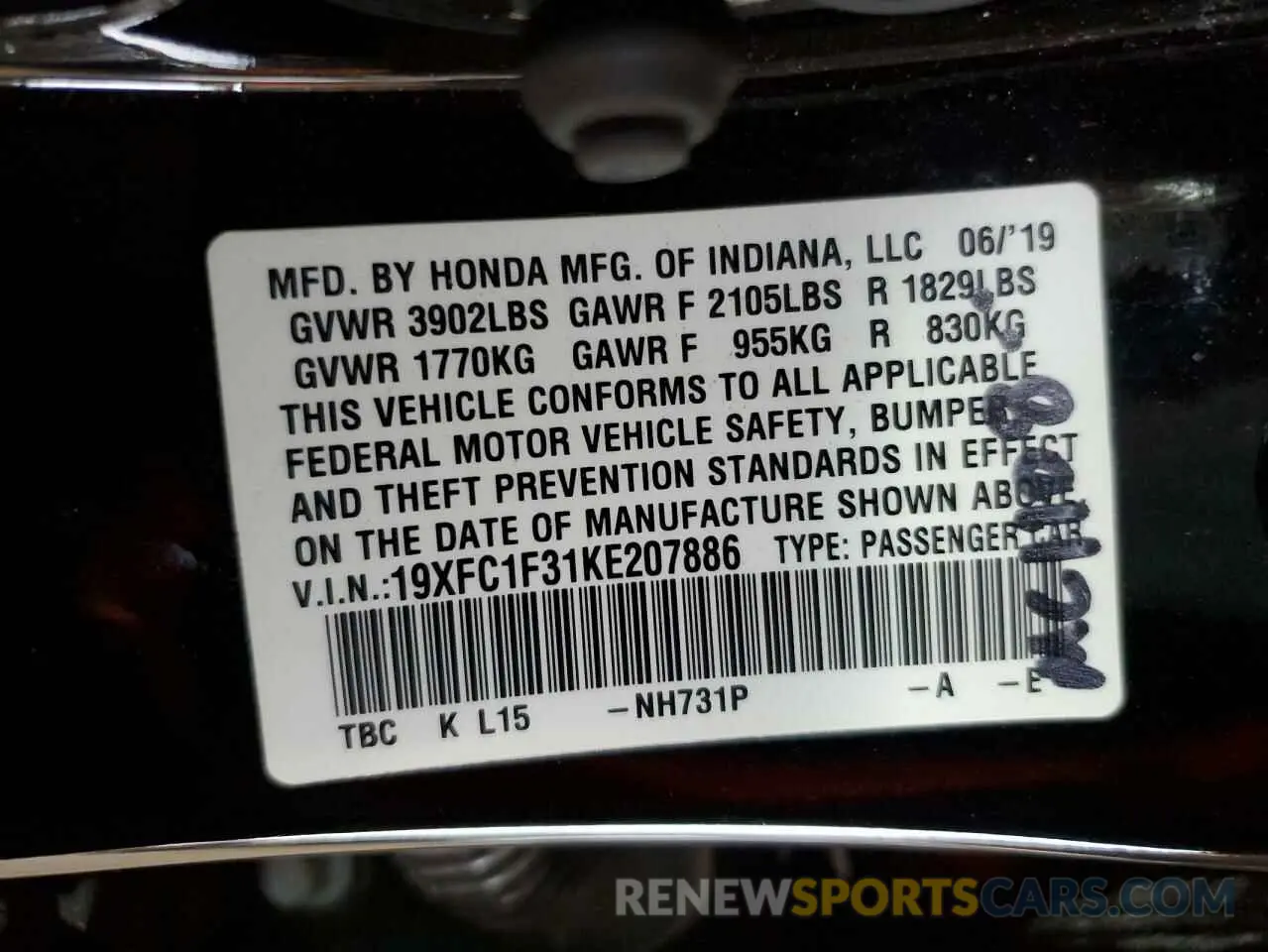 14 Photograph of a damaged car 19XFC1F31KE207886 HONDA CIVIC 2019
