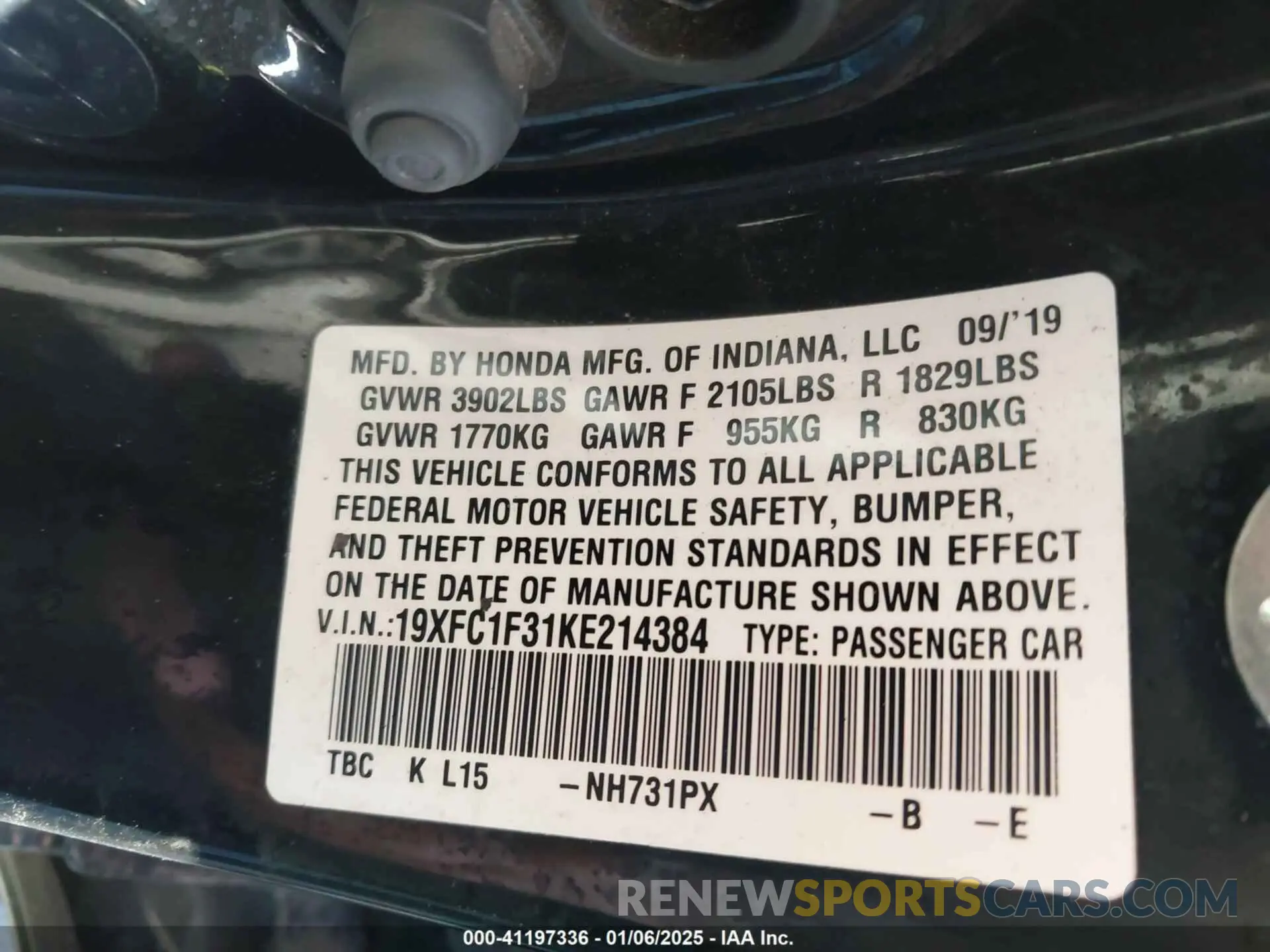 9 Photograph of a damaged car 19XFC1F31KE214384 HONDA CIVIC 2019