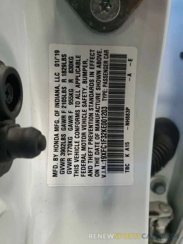 12 Photograph of a damaged car 19XFC1F32KE001203 HONDA CIVIC 2019
