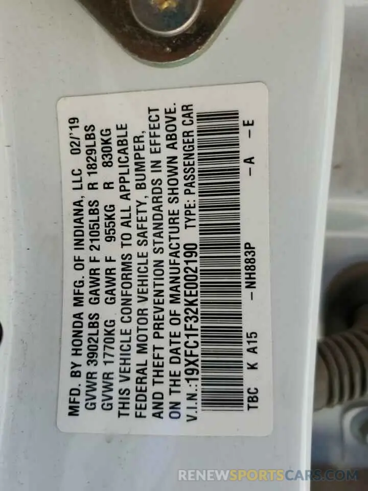 12 Photograph of a damaged car 19XFC1F32KE002190 HONDA CIVIC 2019