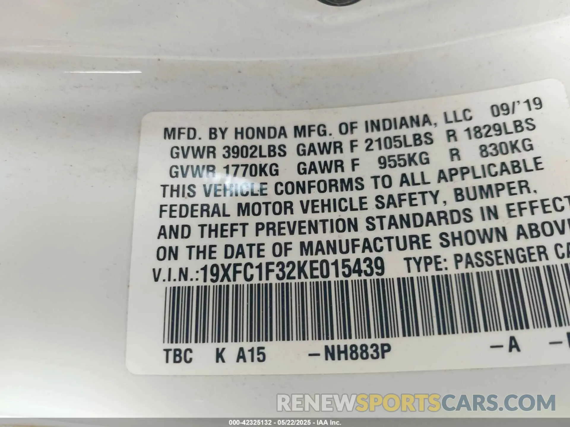 9 Photograph of a damaged car 19XFC1F32KE015439 HONDA CIVIC 2019