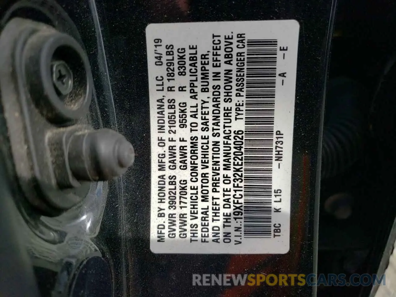 12 Photograph of a damaged car 19XFC1F32KE204026 HONDA CIVIC 2019