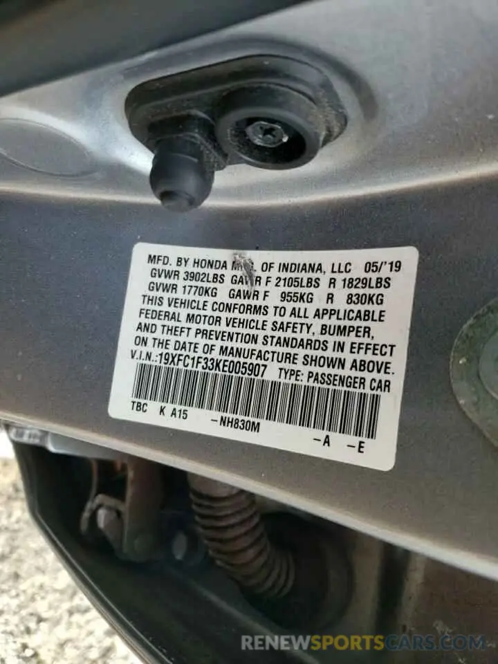 12 Photograph of a damaged car 19XFC1F33KE005907 HONDA CIVIC 2019