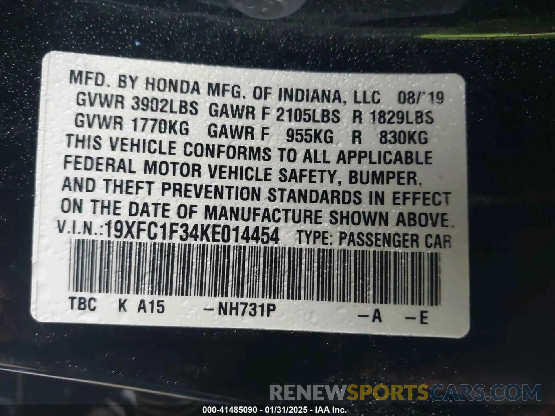 9 Photograph of a damaged car 19XFC1F34KE014454 HONDA CIVIC 2019