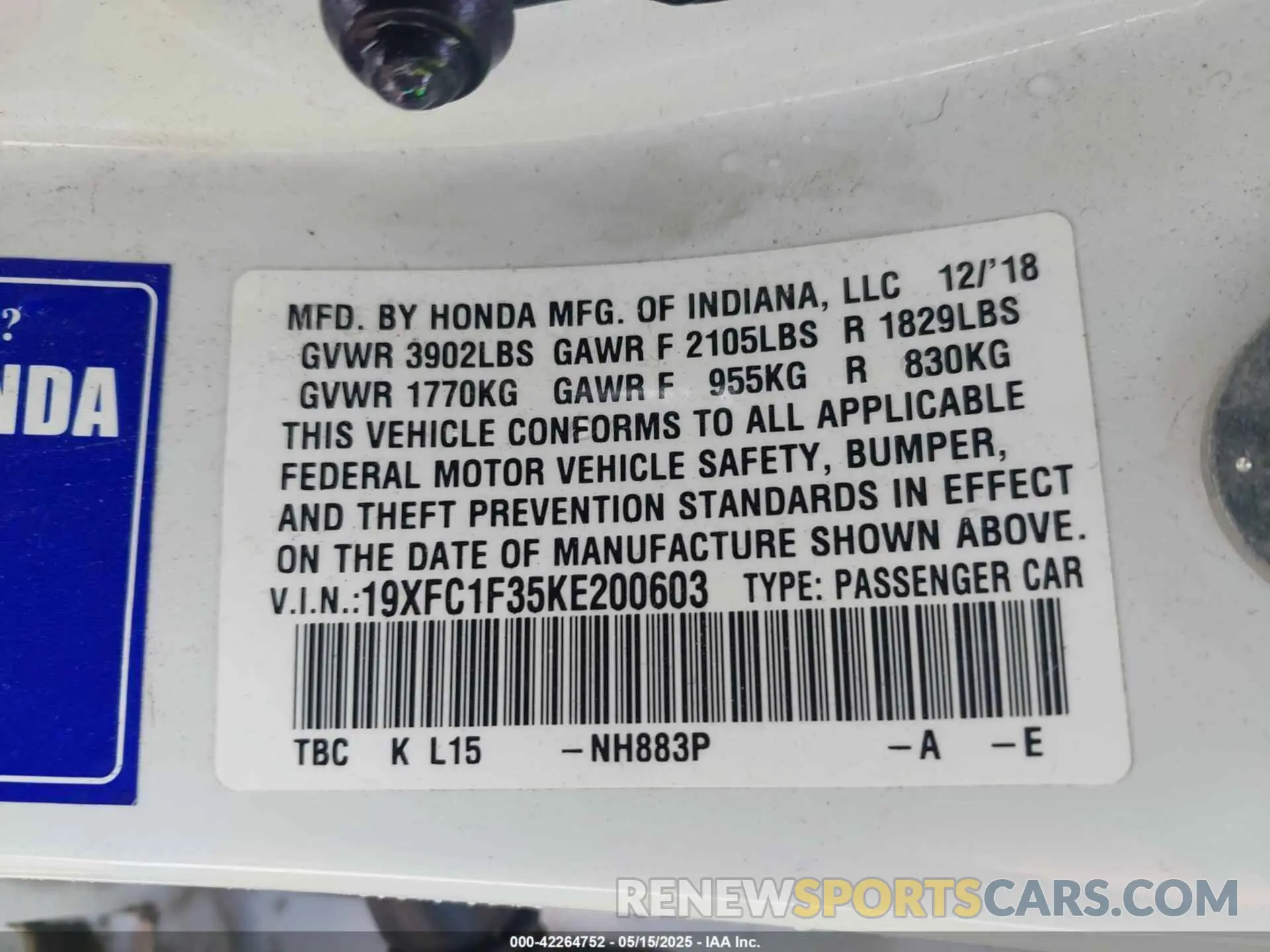 9 Photograph of a damaged car 19XFC1F35KE200603 HONDA CIVIC 2019