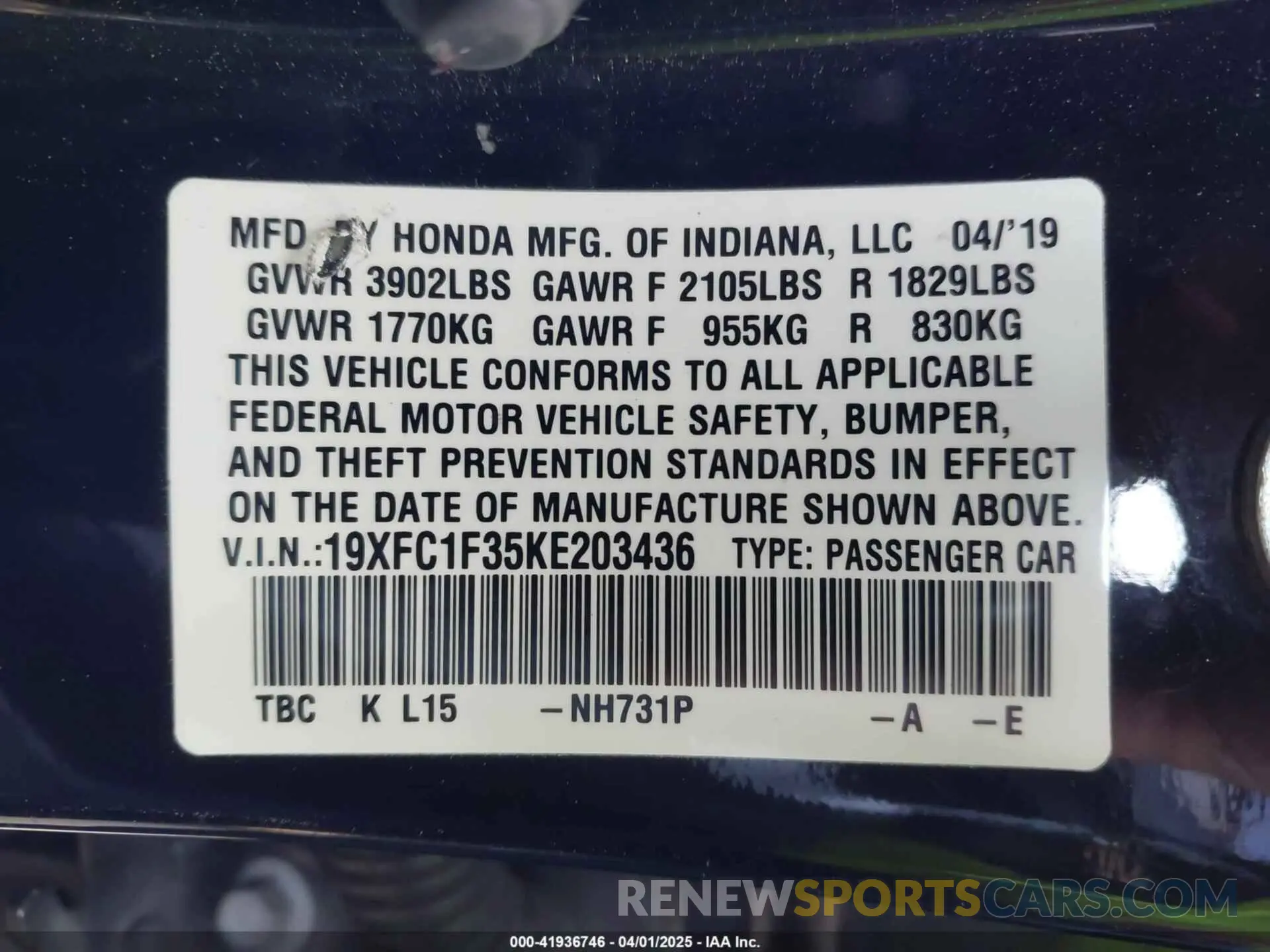 9 Photograph of a damaged car 19XFC1F35KE203436 HONDA CIVIC 2019