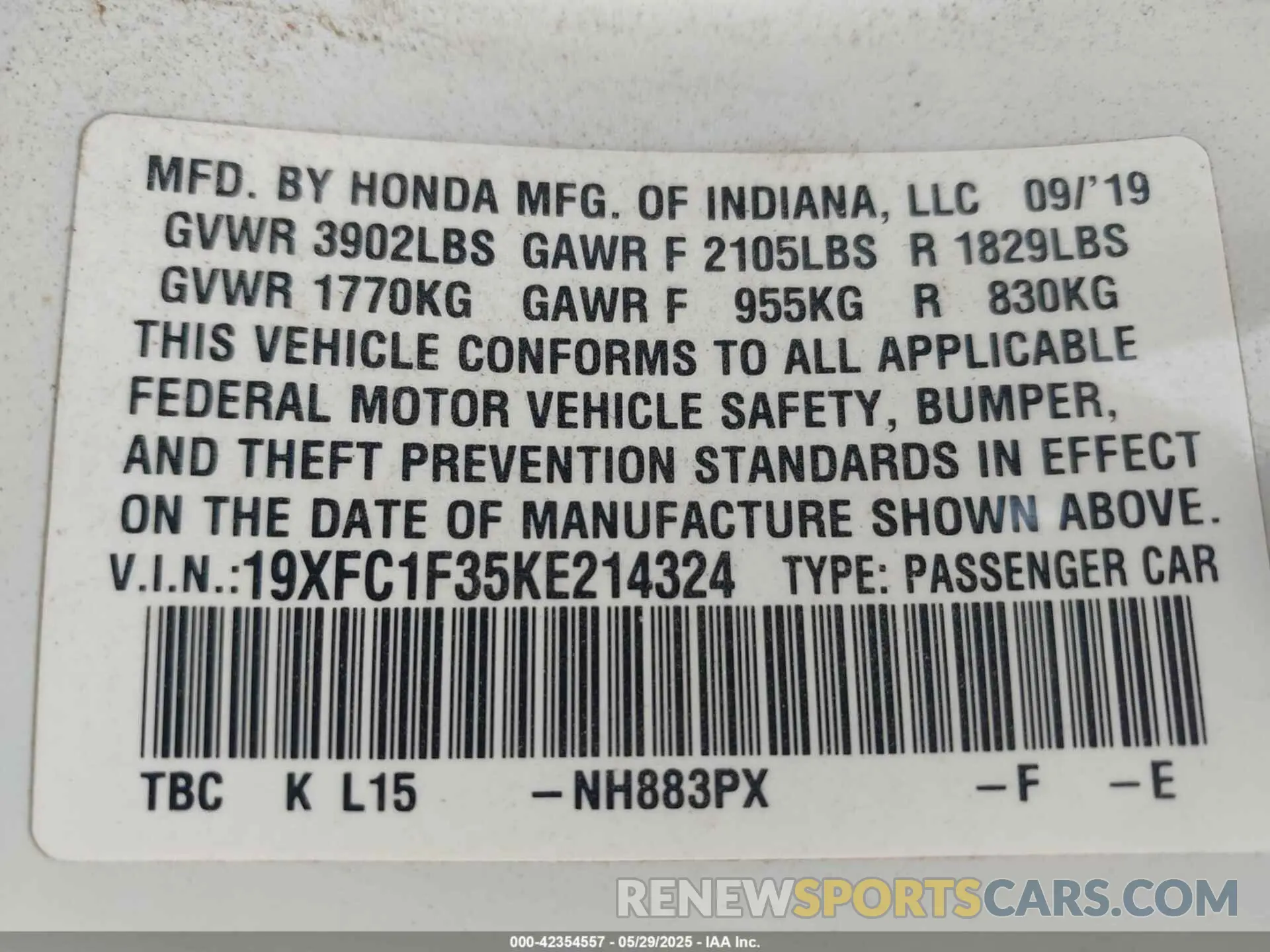 9 Photograph of a damaged car 19XFC1F35KE214324 HONDA CIVIC 2019