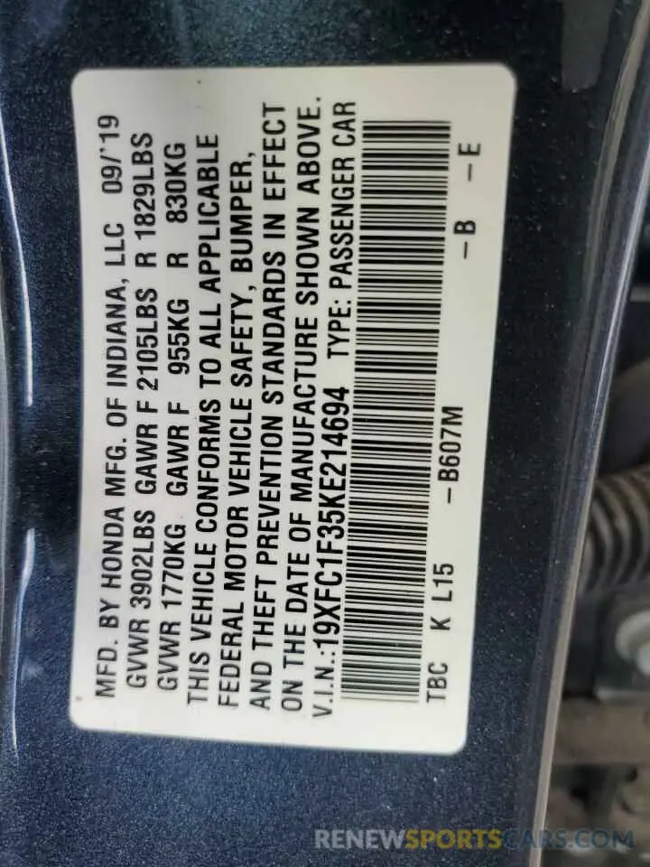 13 Photograph of a damaged car 19XFC1F35KE214694 HONDA CIVIC 2019
