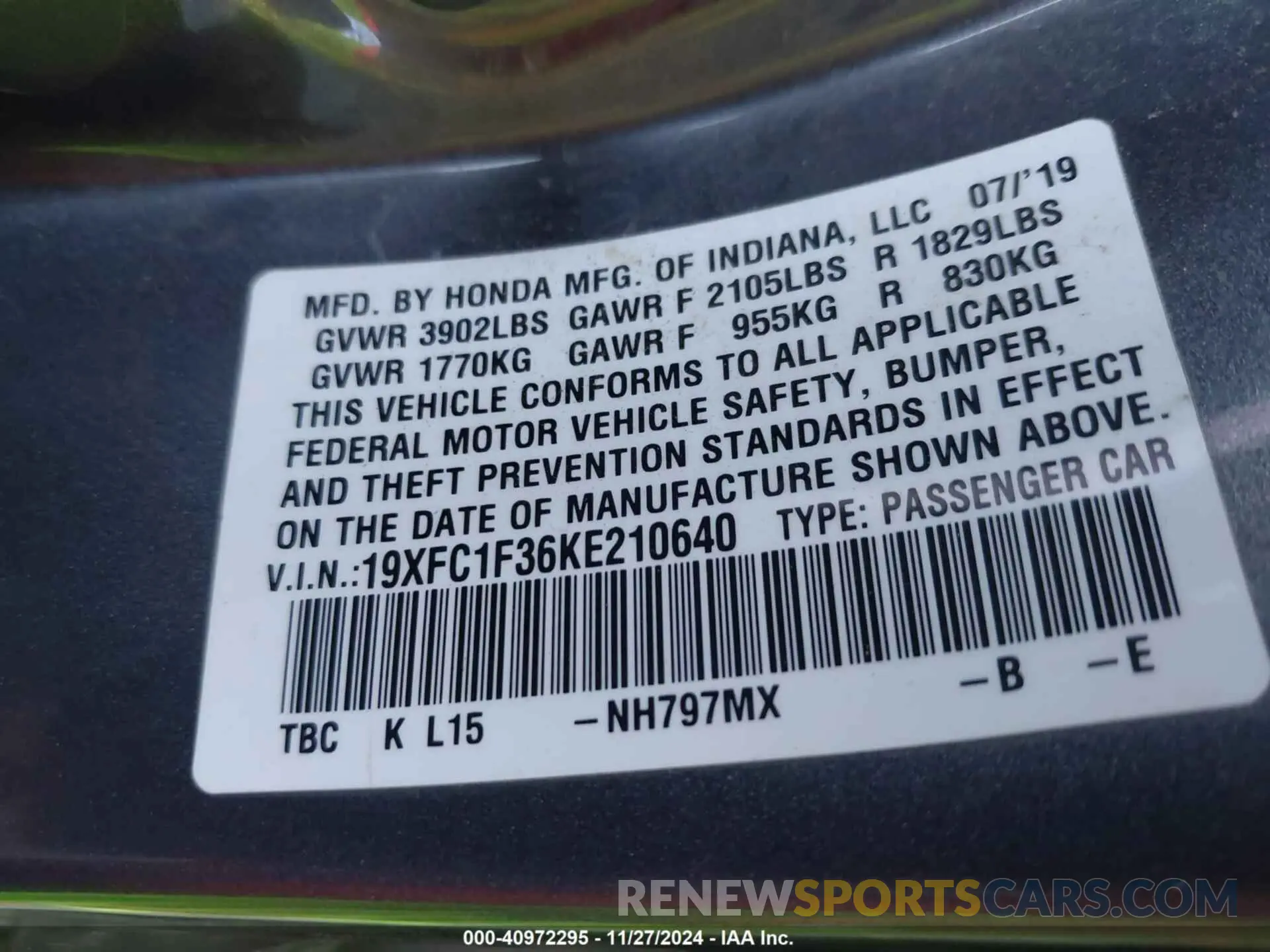 9 Photograph of a damaged car 19XFC1F36KE210640 HONDA CIVIC 2019