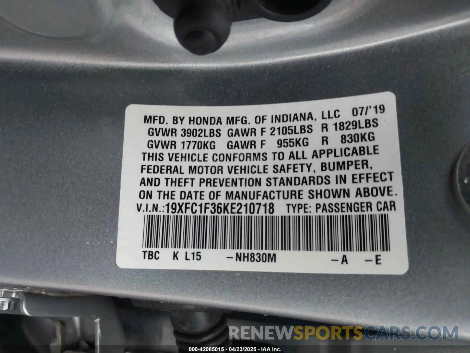 9 Photograph of a damaged car 19XFC1F36KE210718 HONDA CIVIC 2019
