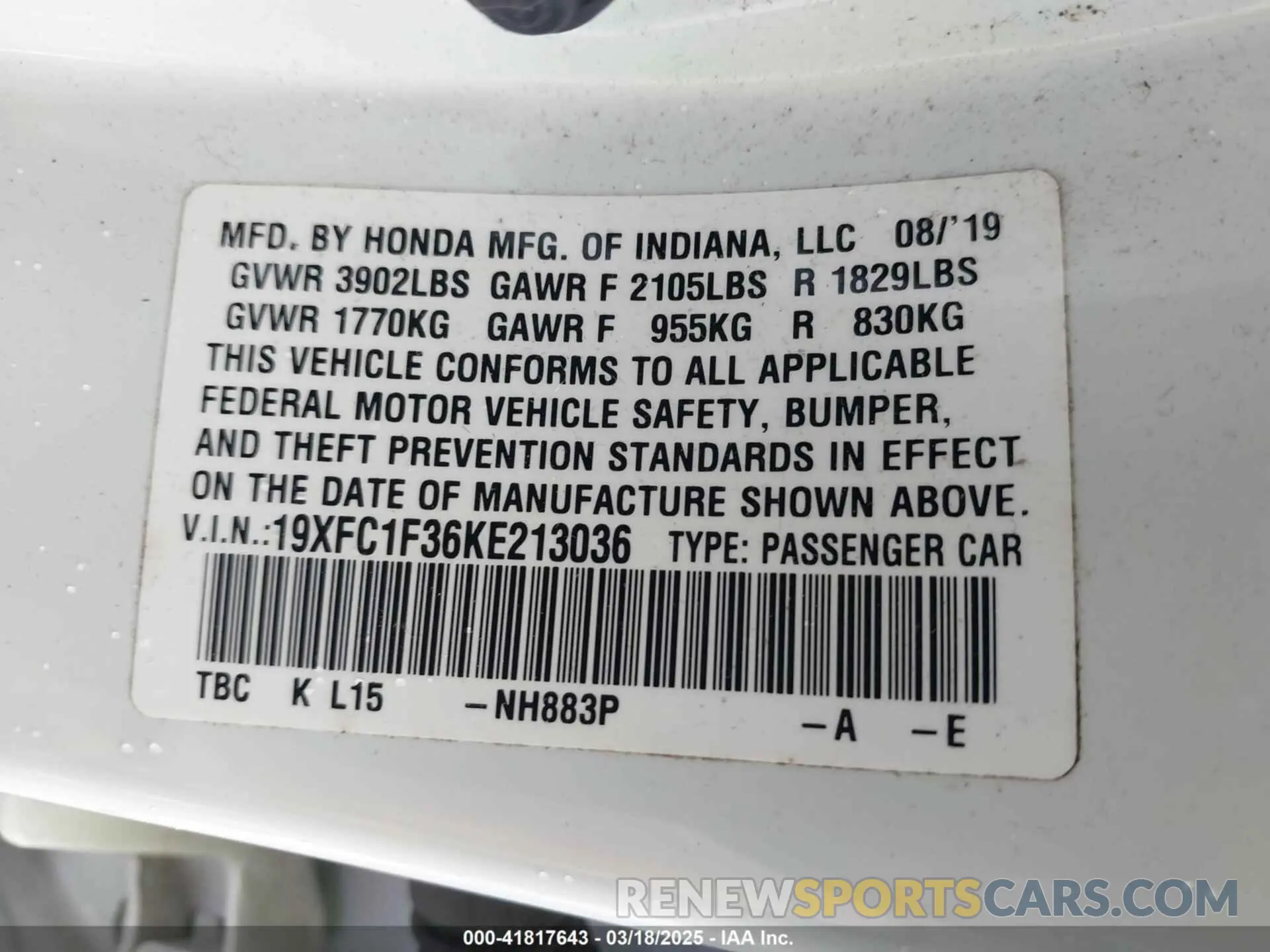 9 Photograph of a damaged car 19XFC1F36KE213036 HONDA CIVIC 2019