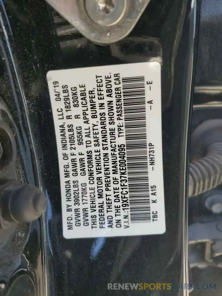12 Photograph of a damaged car 19XFC1F37KE004095 HONDA CIVIC 2019