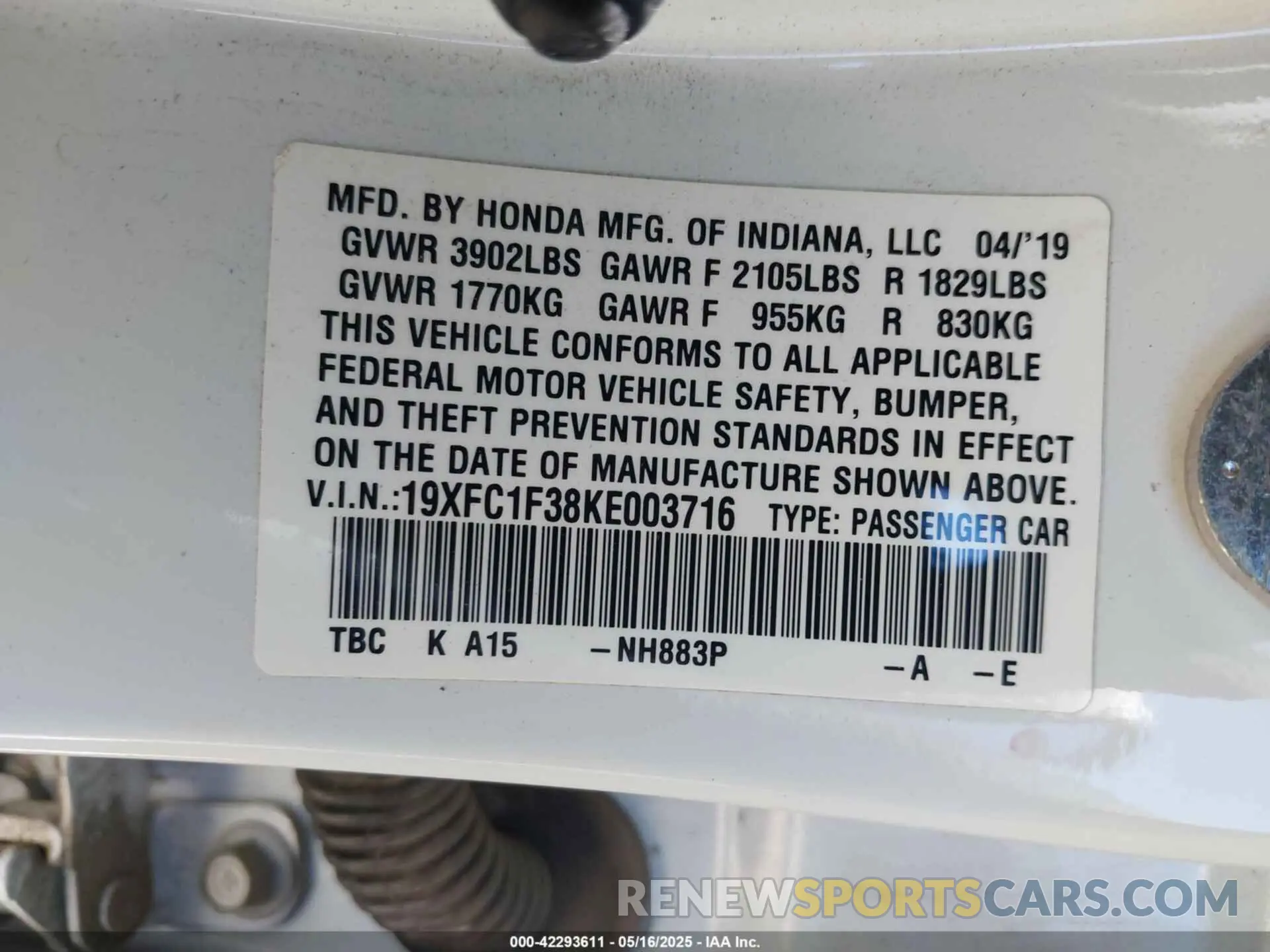 9 Photograph of a damaged car 19XFC1F38KE003716 HONDA CIVIC 2019