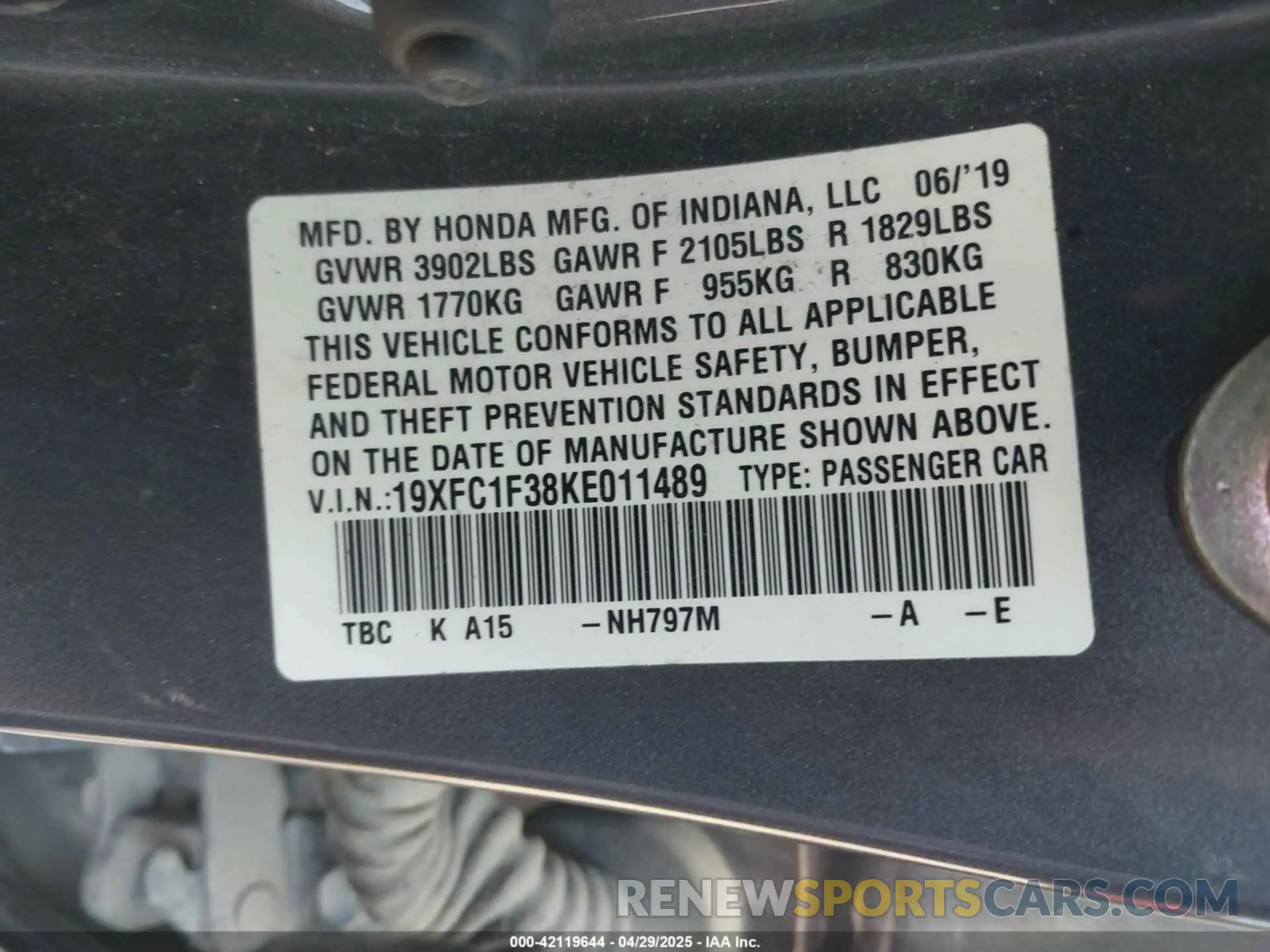 9 Photograph of a damaged car 19XFC1F38KE011489 HONDA CIVIC 2019