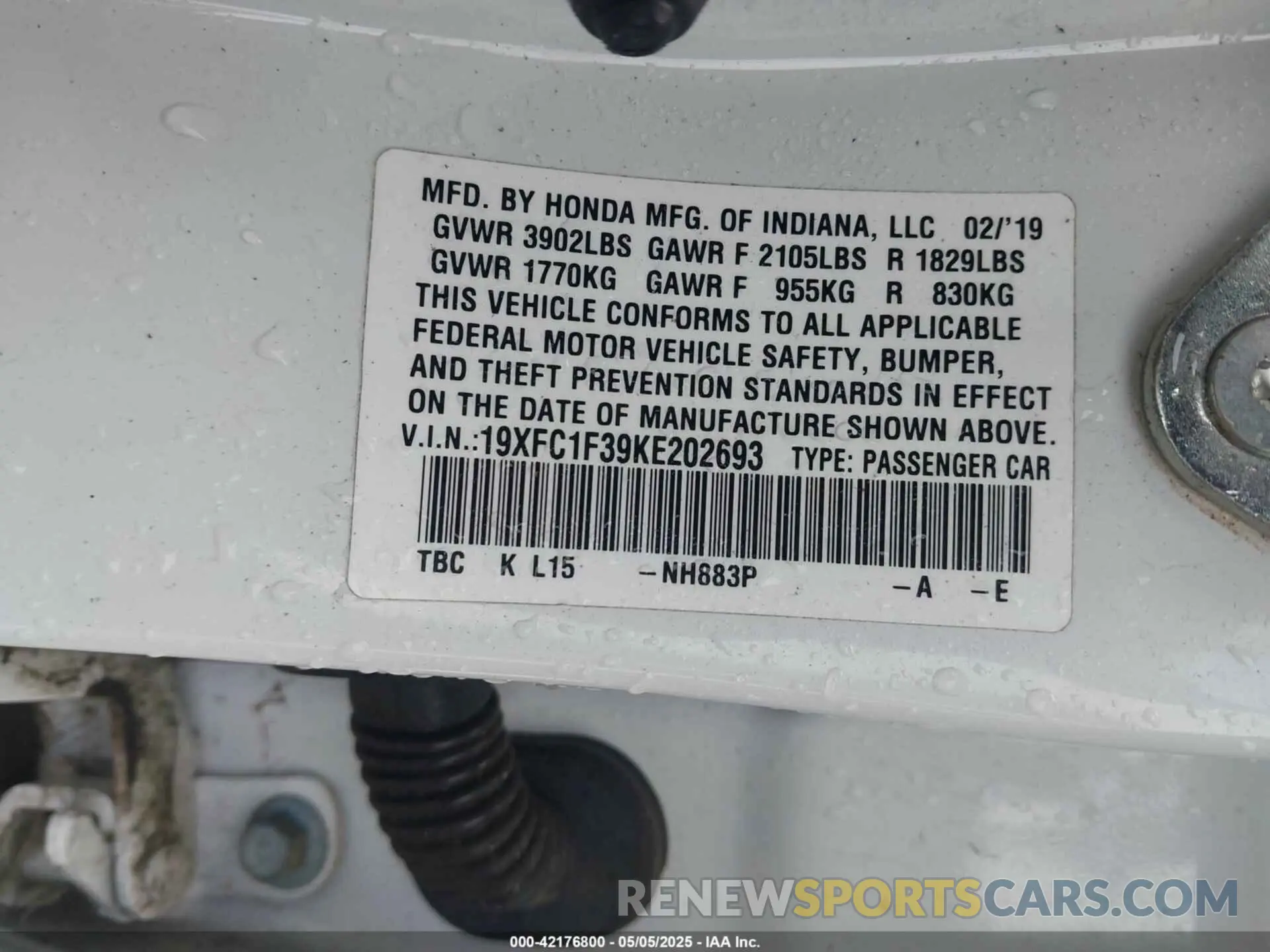9 Photograph of a damaged car 19XFC1F39KE202693 HONDA CIVIC 2019
