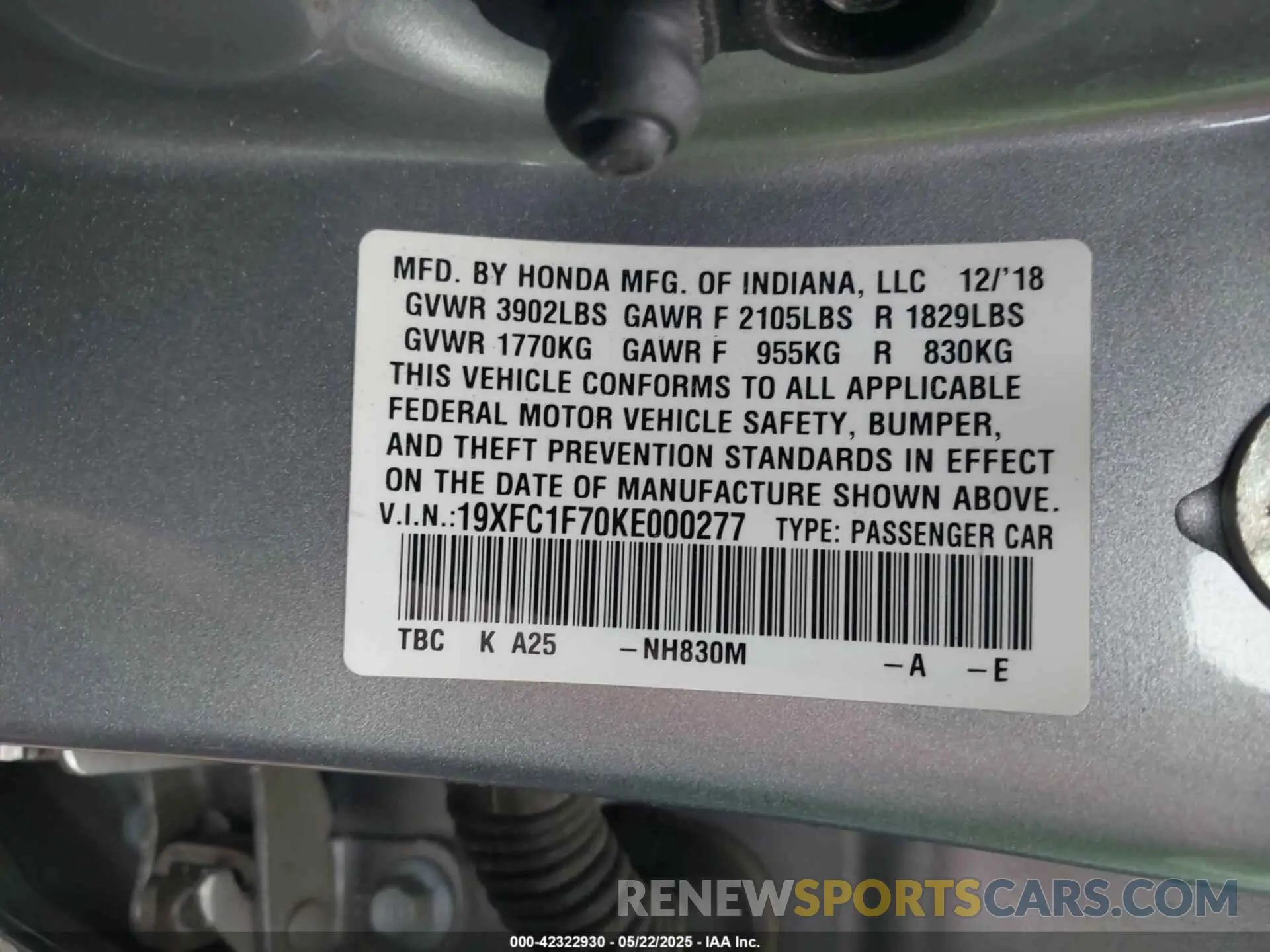 9 Photograph of a damaged car 19XFC1F70KE000277 HONDA CIVIC 2019