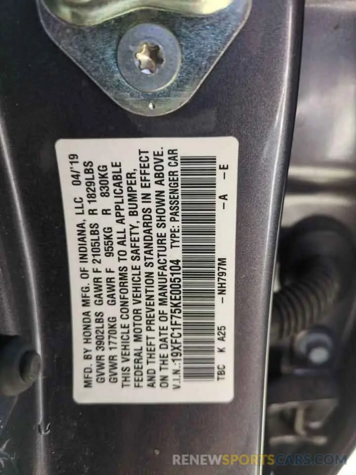 12 Photograph of a damaged car 19XFC1F75KE005104 HONDA CIVIC 2019