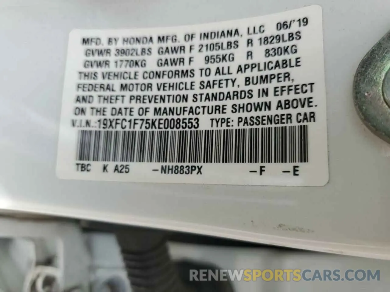 15 Photograph of a damaged car 19XFC1F75KE008553 HONDA CIVIC 2019