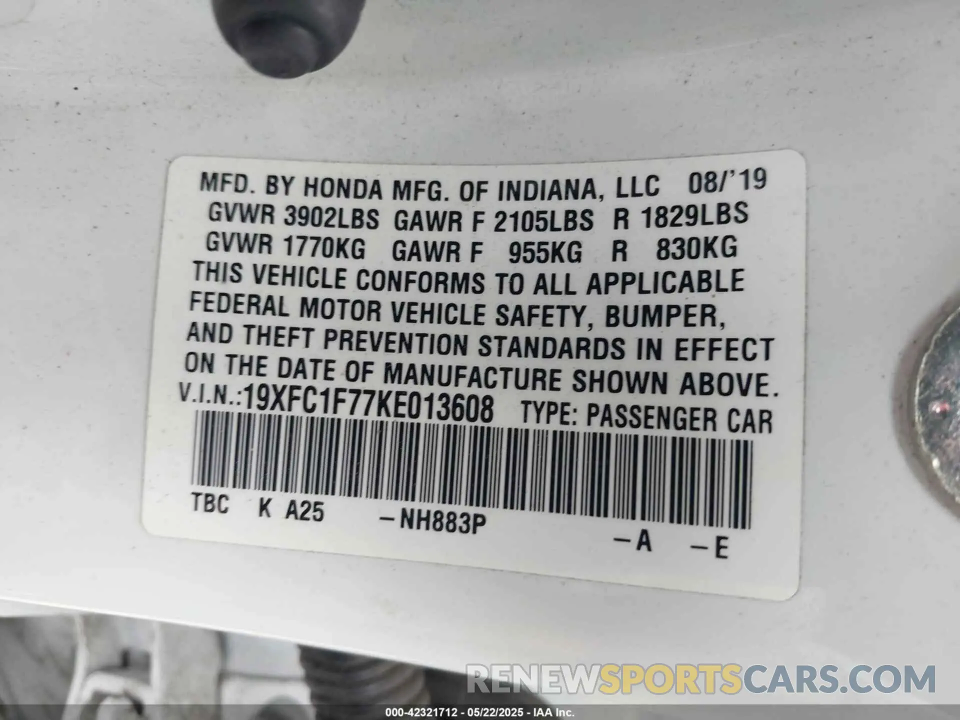 9 Photograph of a damaged car 19XFC1F77KE013608 HONDA CIVIC 2019