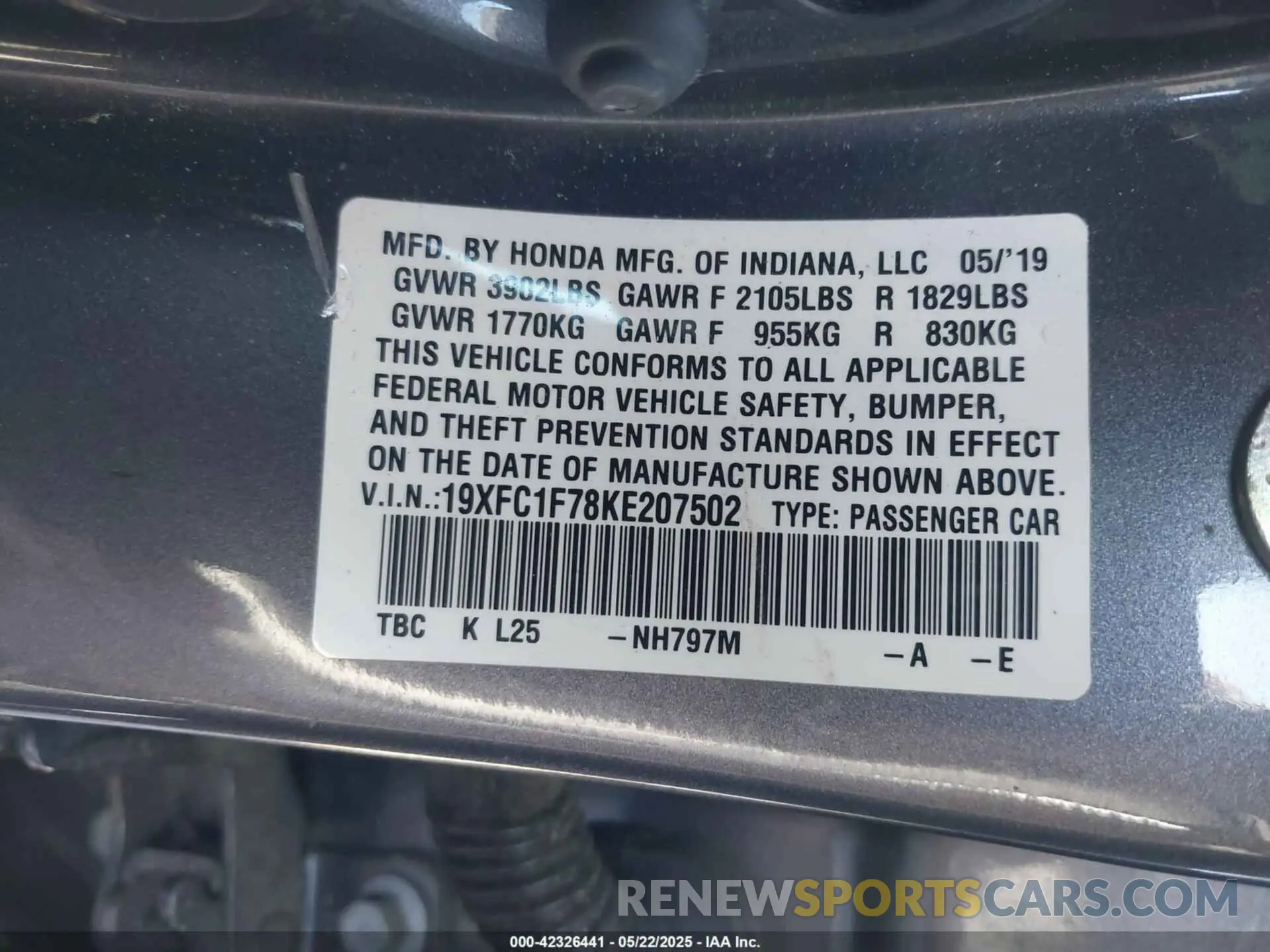 9 Photograph of a damaged car 19XFC1F78KE207502 HONDA CIVIC 2019