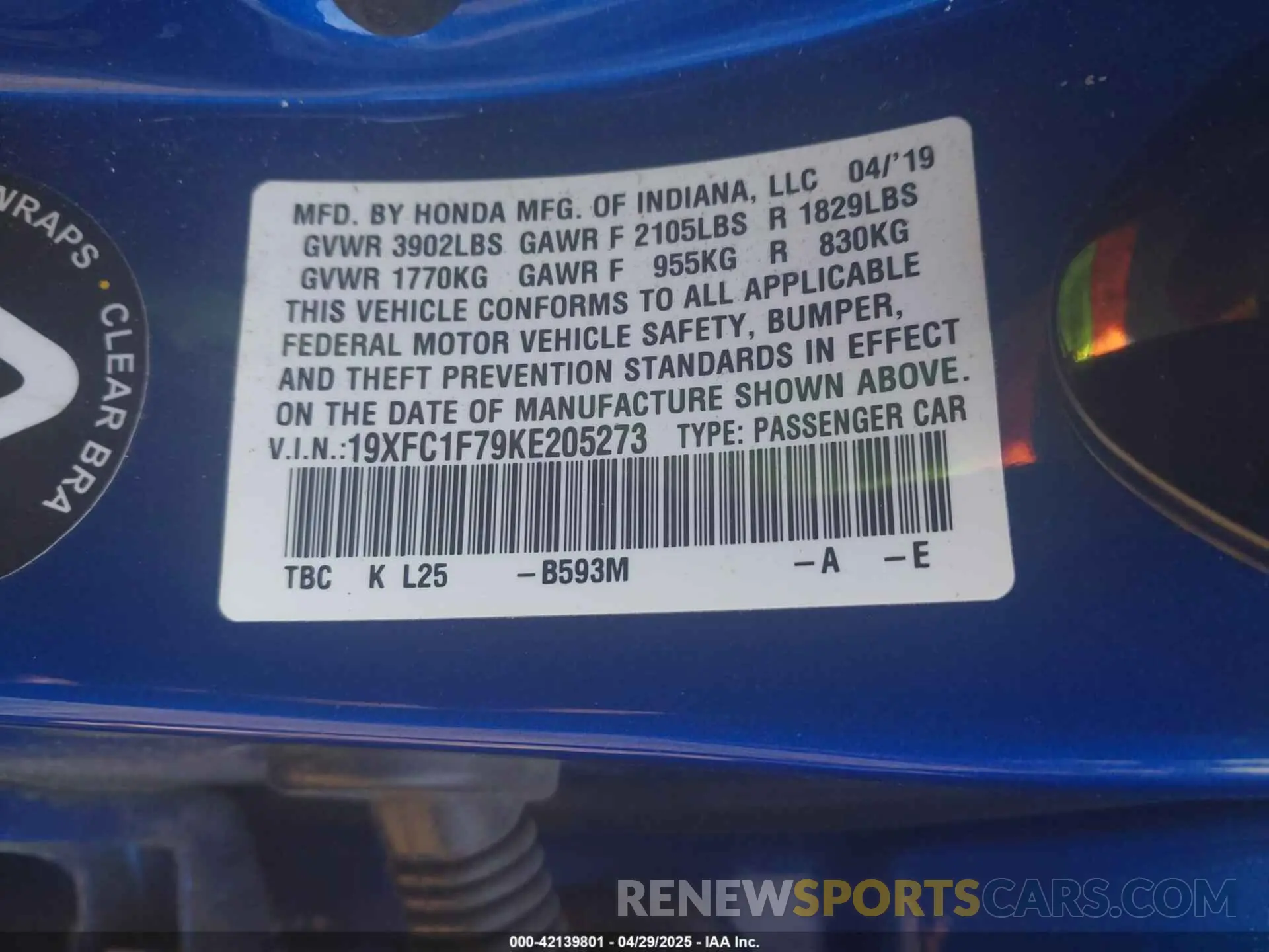 9 Photograph of a damaged car 19XFC1F79KE205273 HONDA CIVIC 2019