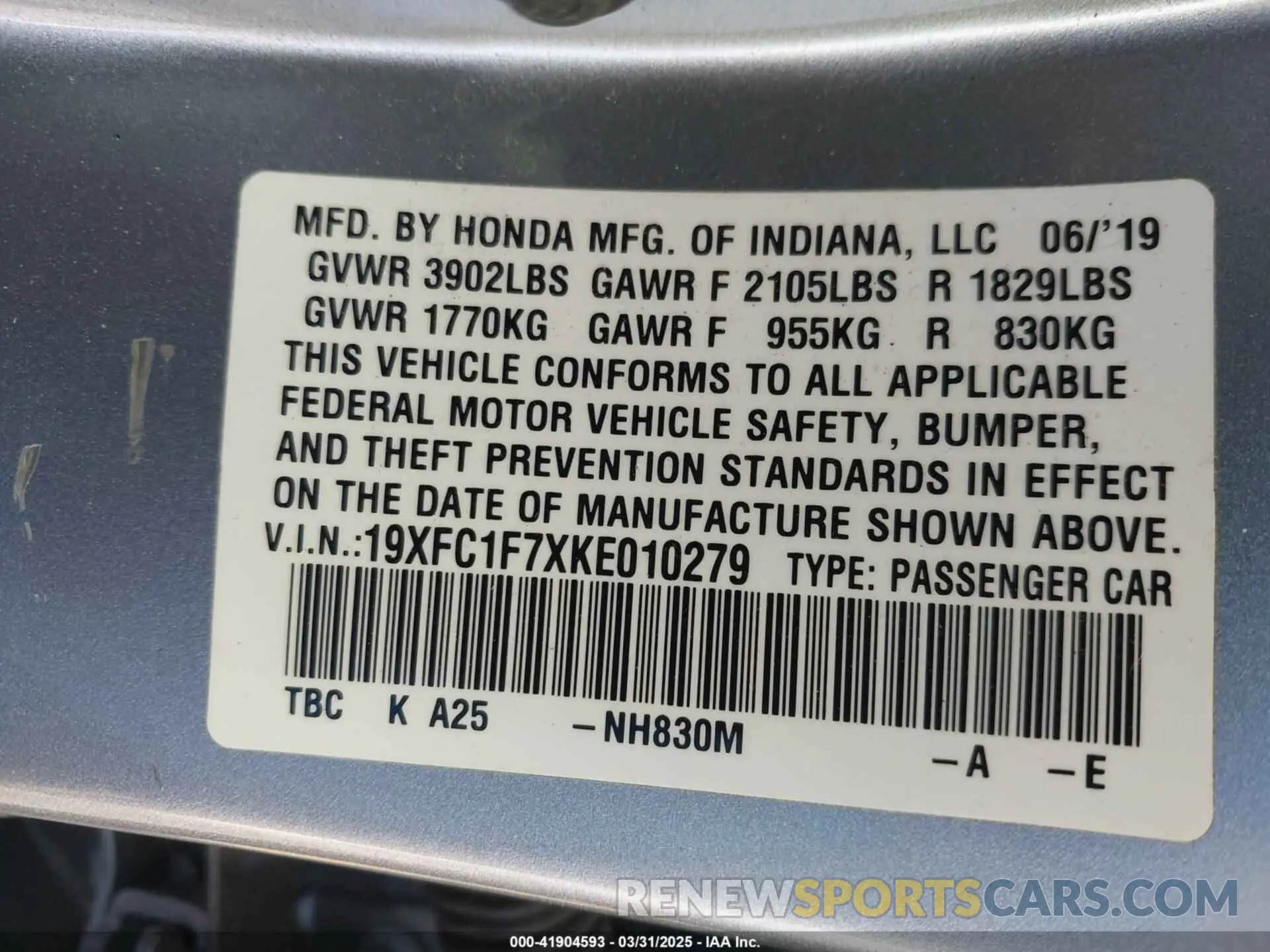 9 Photograph of a damaged car 19XFC1F7XKE010279 HONDA CIVIC 2019