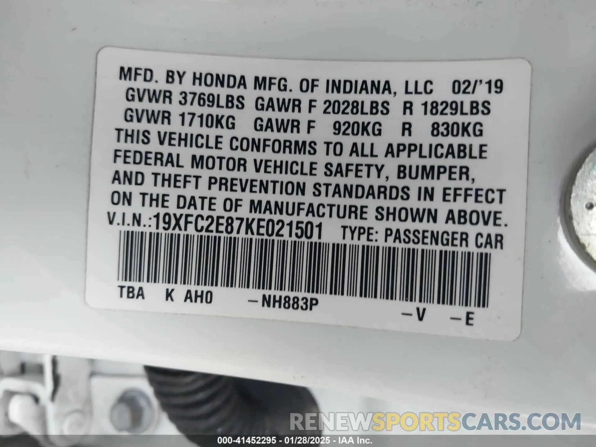 9 Photograph of a damaged car 19XFC2E87KE021501 HONDA CIVIC 2019