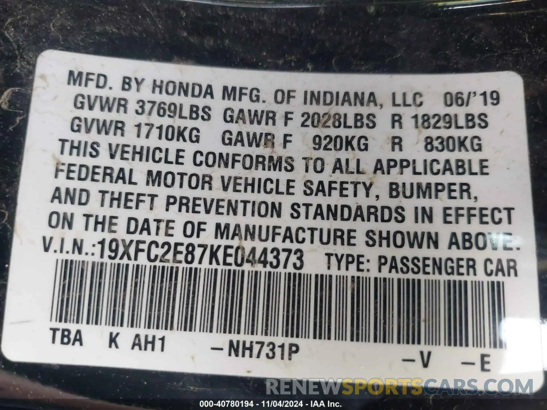 9 Photograph of a damaged car 19XFC2E87KE044373 HONDA CIVIC 2019