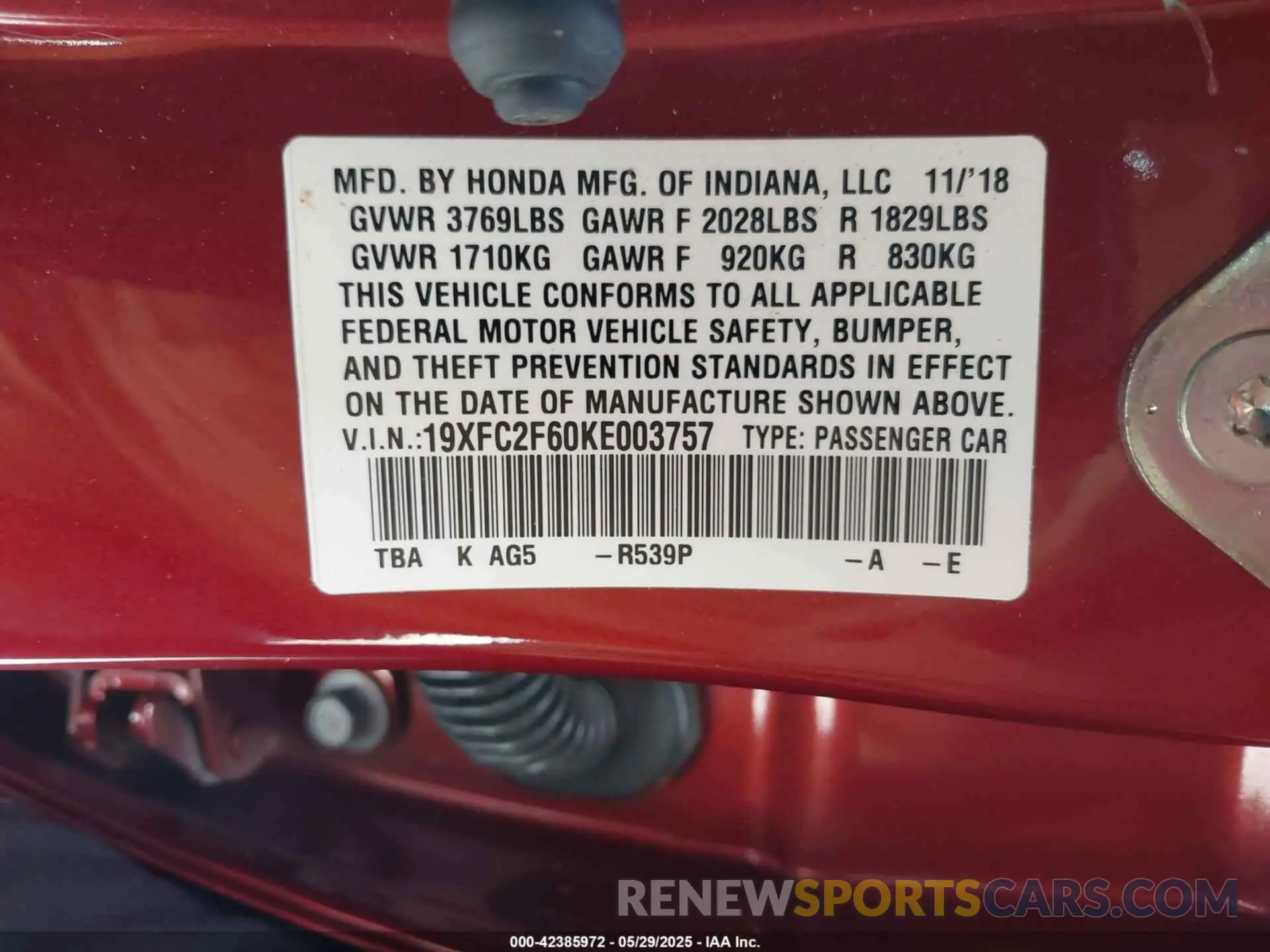 9 Photograph of a damaged car 19XFC2F60KE003757 HONDA CIVIC 2019