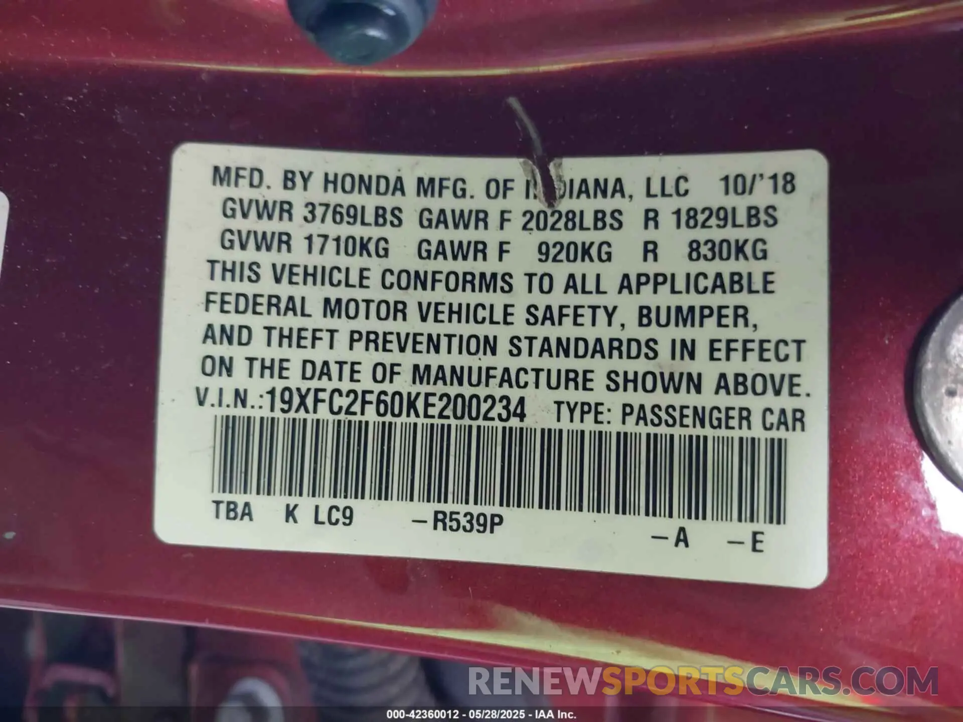 9 Photograph of a damaged car 19XFC2F60KE200234 HONDA CIVIC 2019