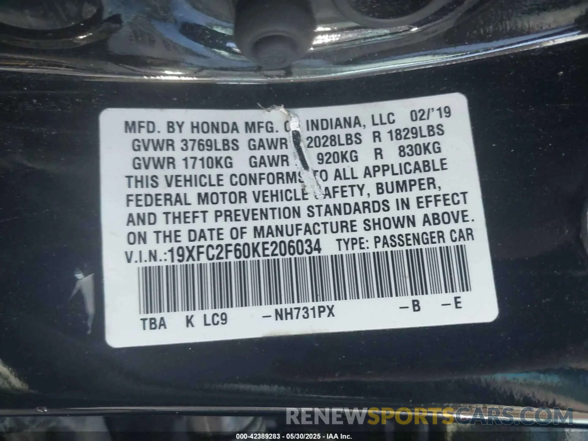 9 Photograph of a damaged car 19XFC2F60KE206034 HONDA CIVIC 2019