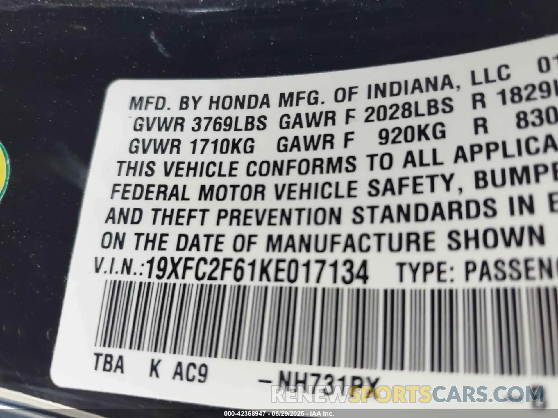 9 Photograph of a damaged car 19XFC2F61KE017134 HONDA CIVIC 2019