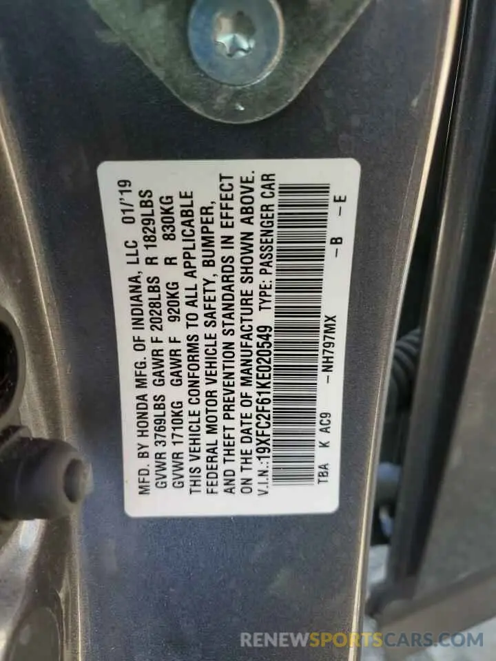 13 Photograph of a damaged car 19XFC2F61KE020549 HONDA CIVIC 2019