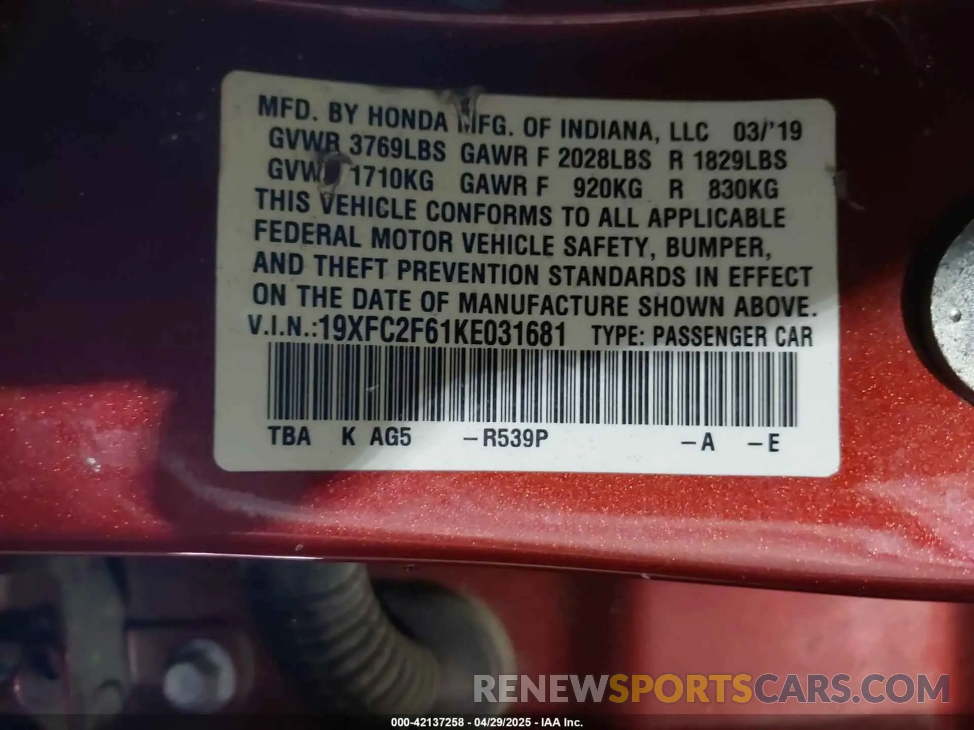 9 Photograph of a damaged car 19XFC2F61KE031681 HONDA CIVIC 2019