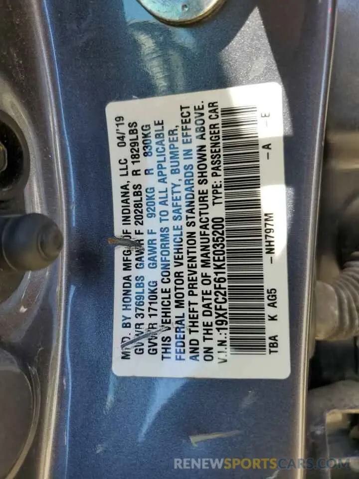 13 Photograph of a damaged car 19XFC2F61KE035200 HONDA CIVIC 2019