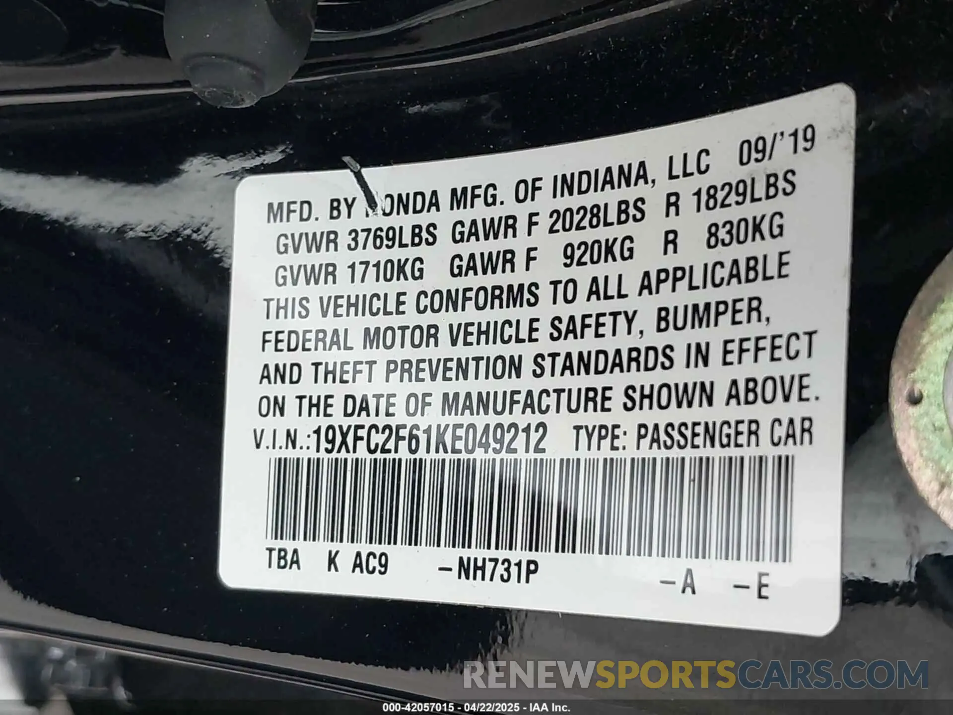 9 Photograph of a damaged car 19XFC2F61KE049212 HONDA CIVIC 2019