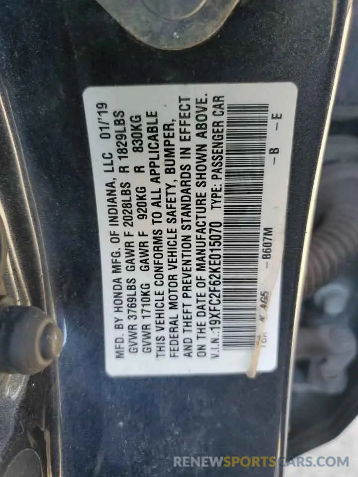 15 Photograph of a damaged car 19XFC2F62KE015070 HONDA CIVIC 2019