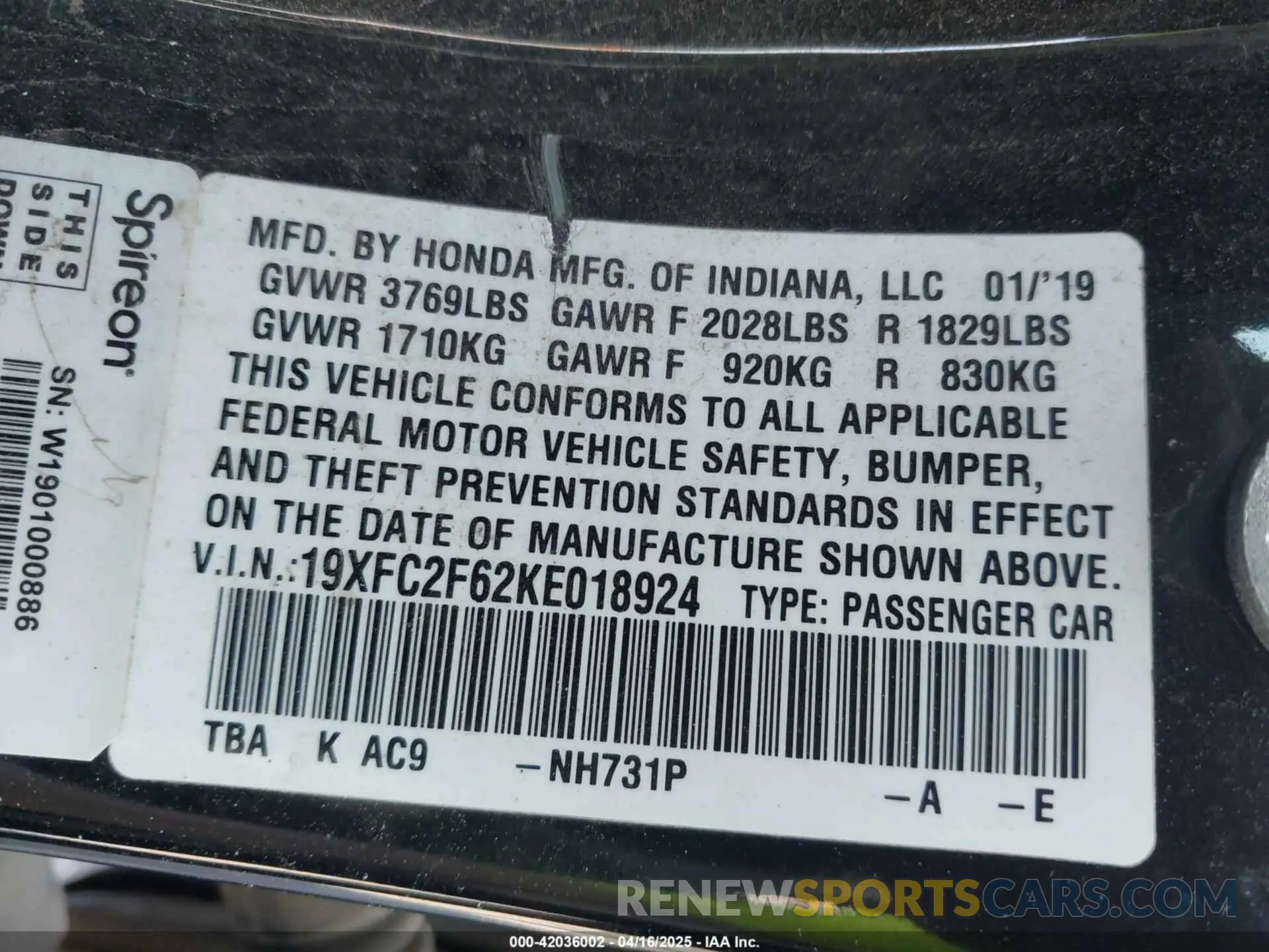 9 Photograph of a damaged car 19XFC2F62KE018924 HONDA CIVIC 2019