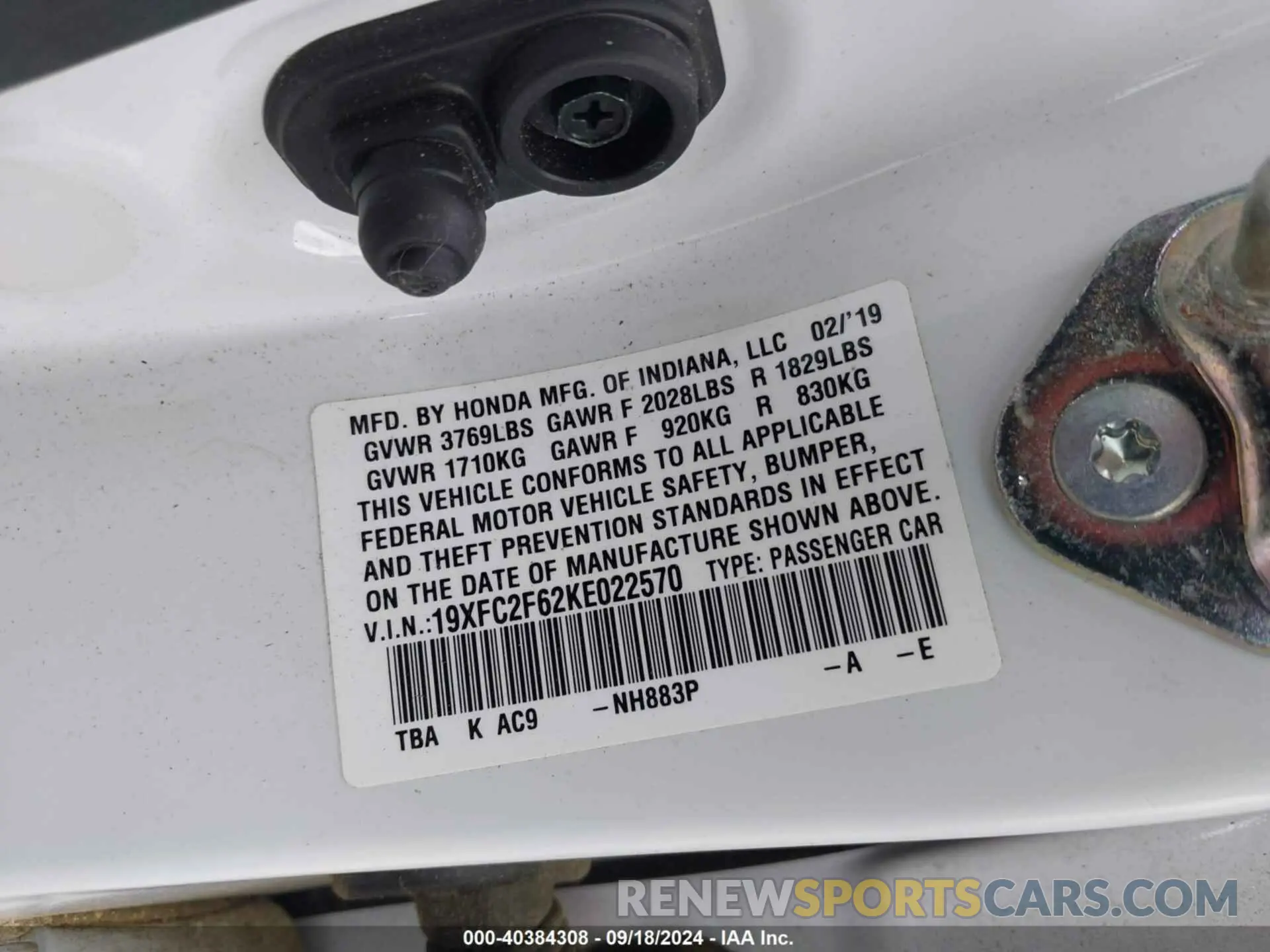 9 Photograph of a damaged car 19XFC2F62KE022570 HONDA CIVIC 2019