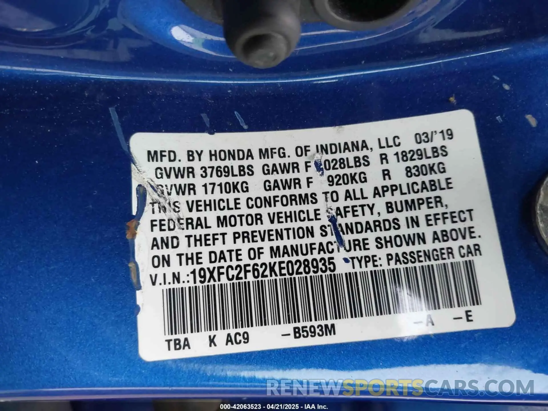 9 Photograph of a damaged car 19XFC2F62KE028935 HONDA CIVIC 2019
