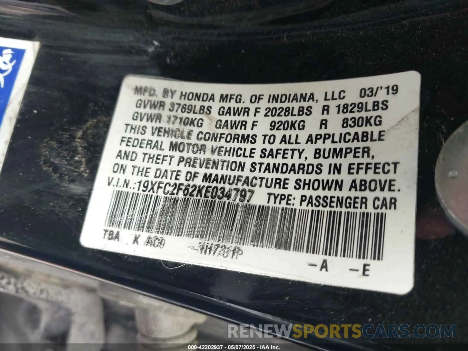 9 Photograph of a damaged car 19XFC2F62KE034797 HONDA CIVIC 2019