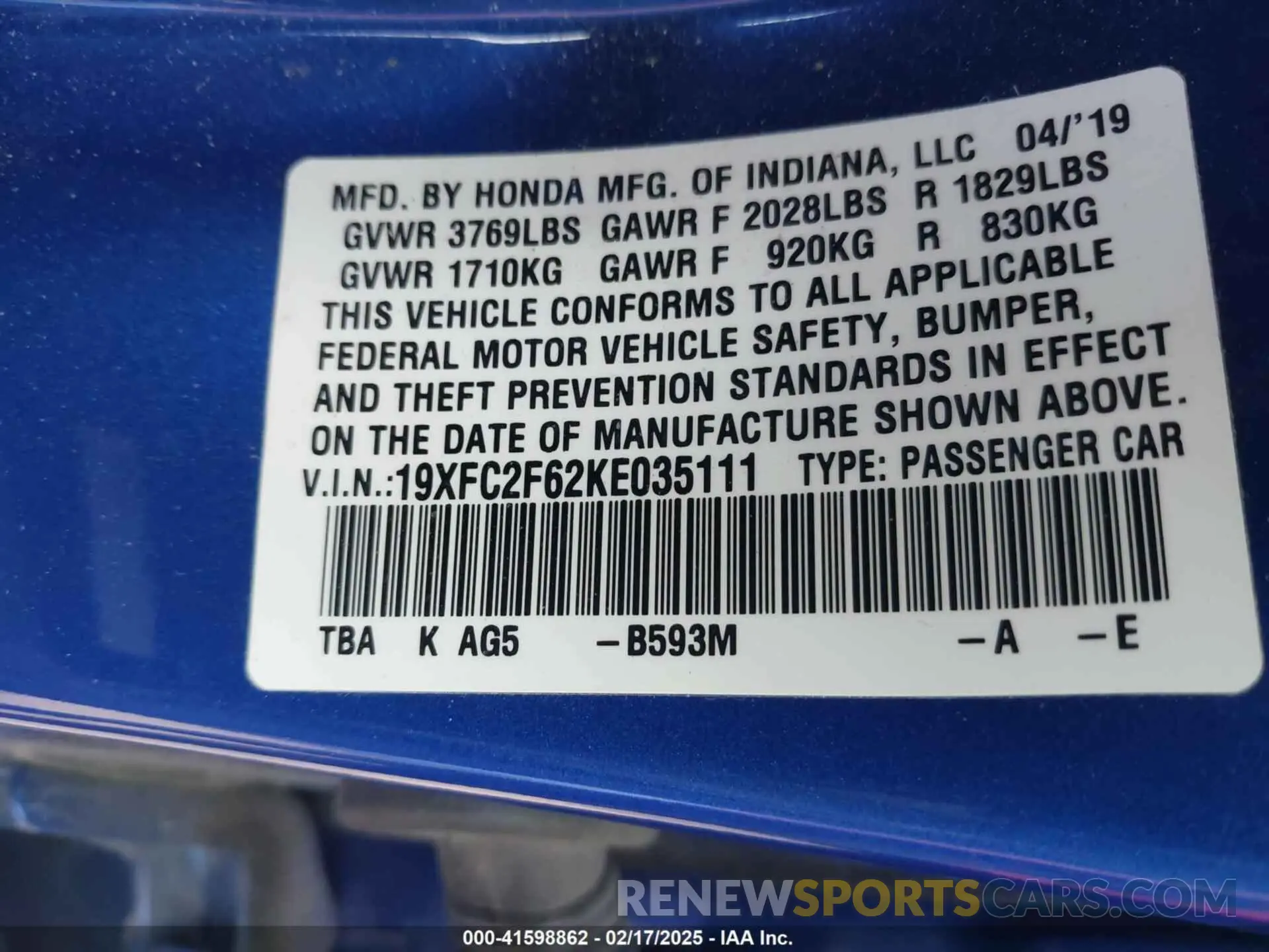 9 Photograph of a damaged car 19XFC2F62KE035111 HONDA CIVIC 2019