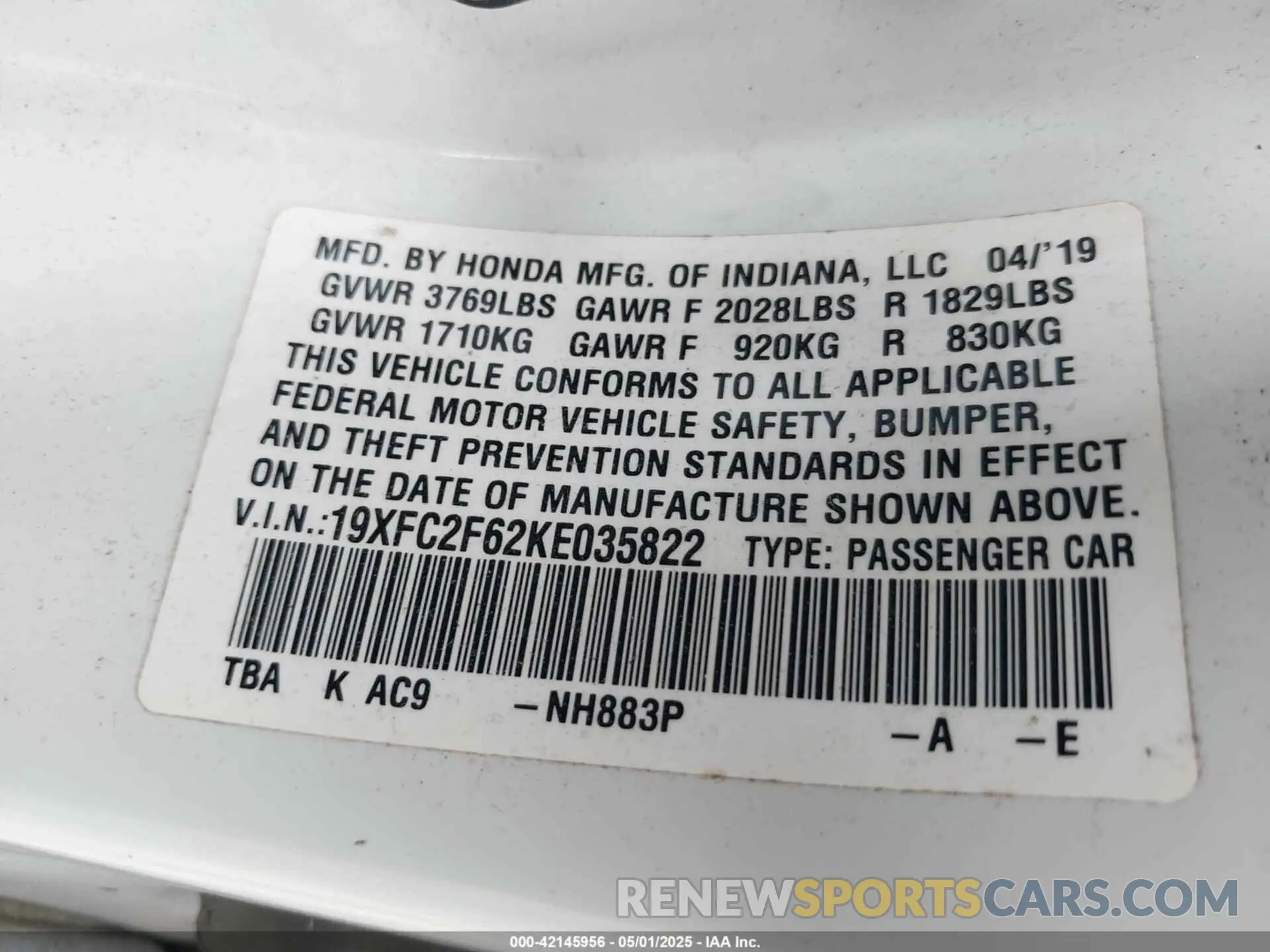 9 Photograph of a damaged car 19XFC2F62KE035822 HONDA CIVIC 2019
